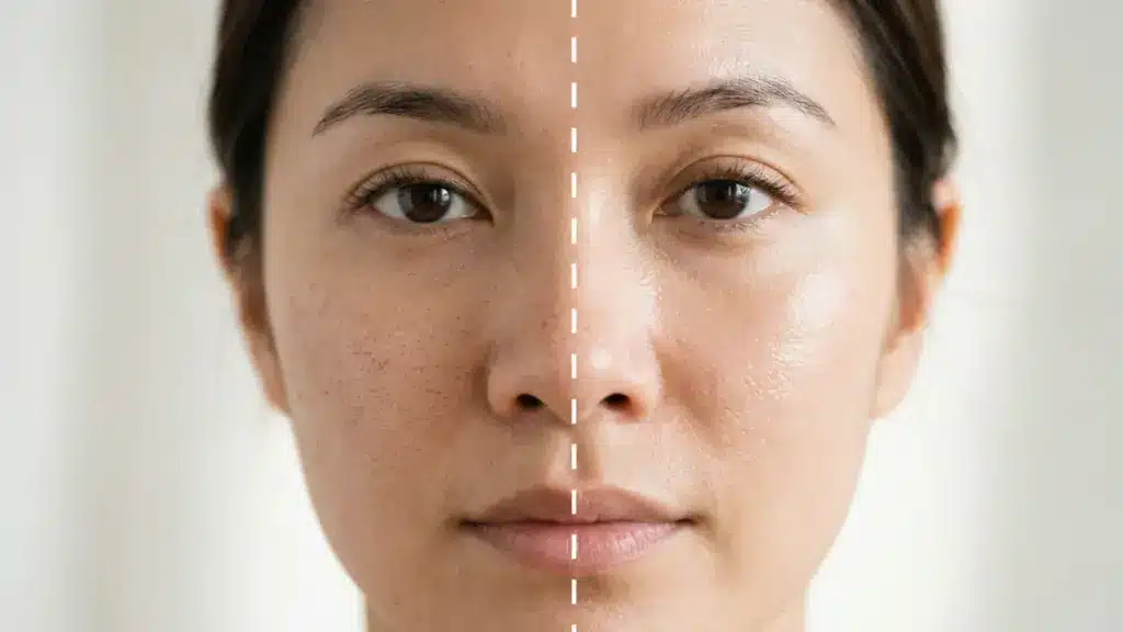 Before and after comparison showing visibly reduced pore appearance and smoother facial skin texture