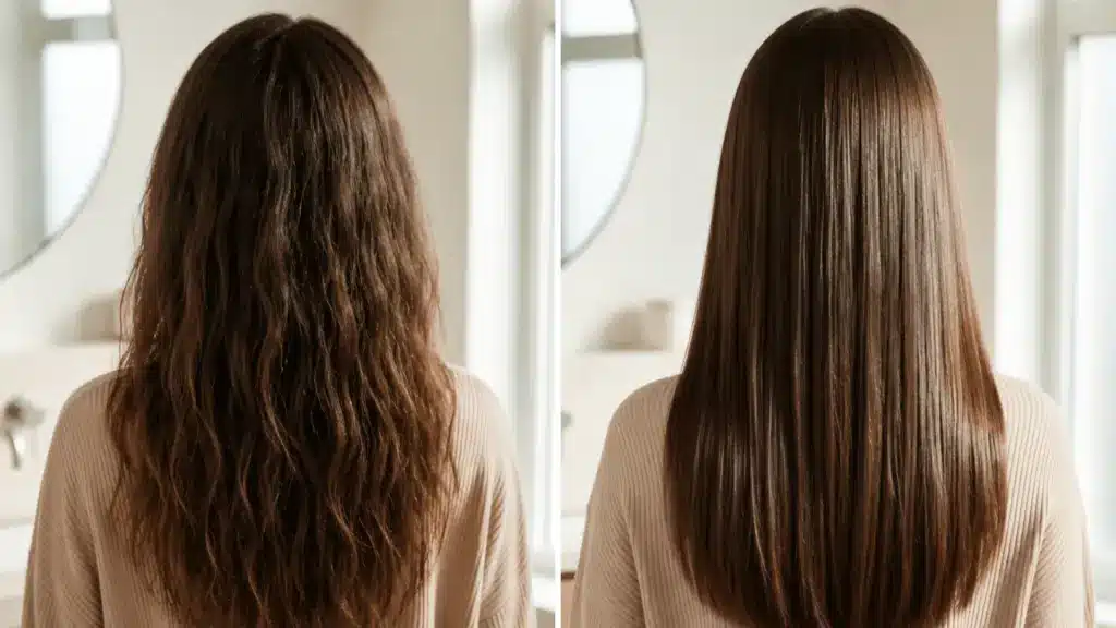Before and after keratin treatment showing frizzy vs smooth straight brown hair from back view