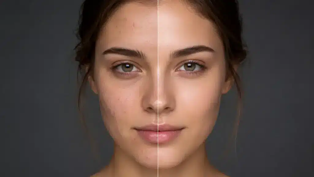 Before and after skincare comparison showing clearer, smoother facial skin