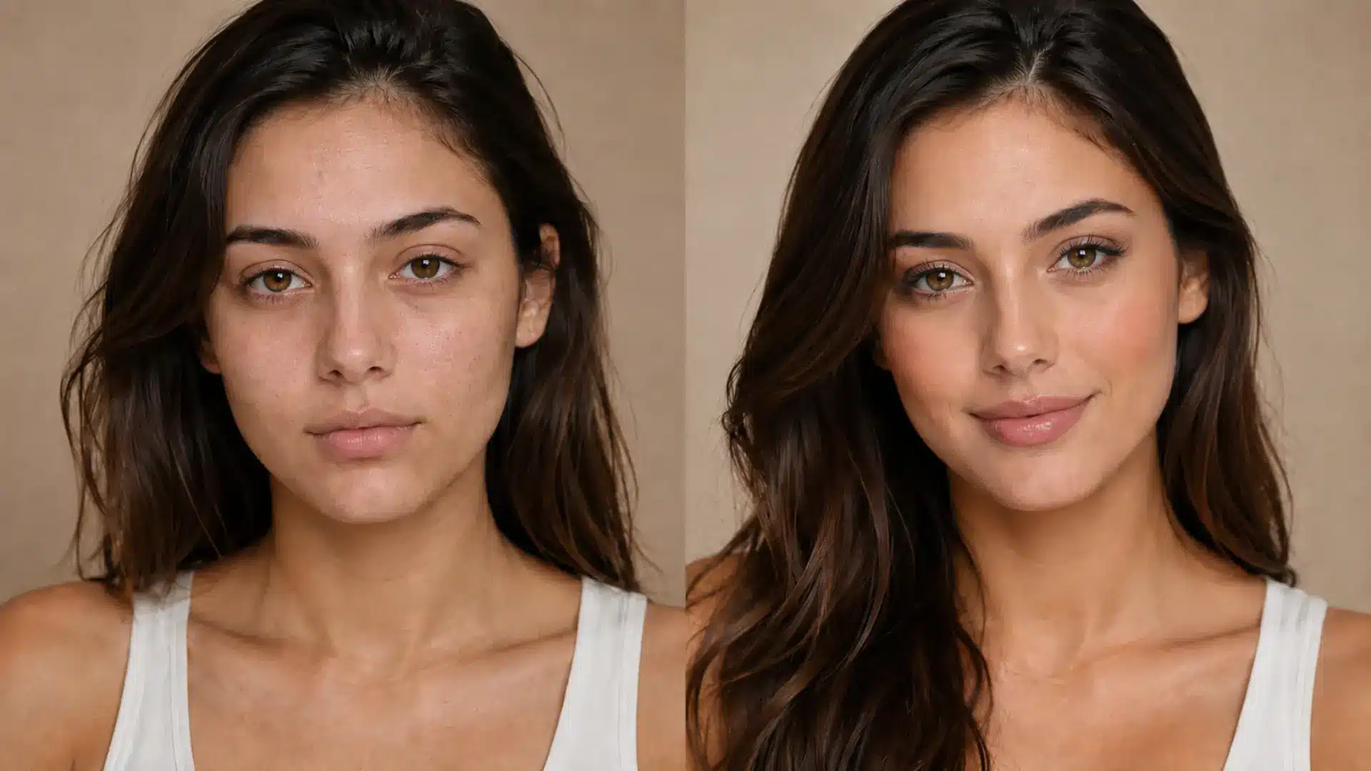 Before and after beauty portrait showing natural rough skin on one side and a soft makeup glow up on the other