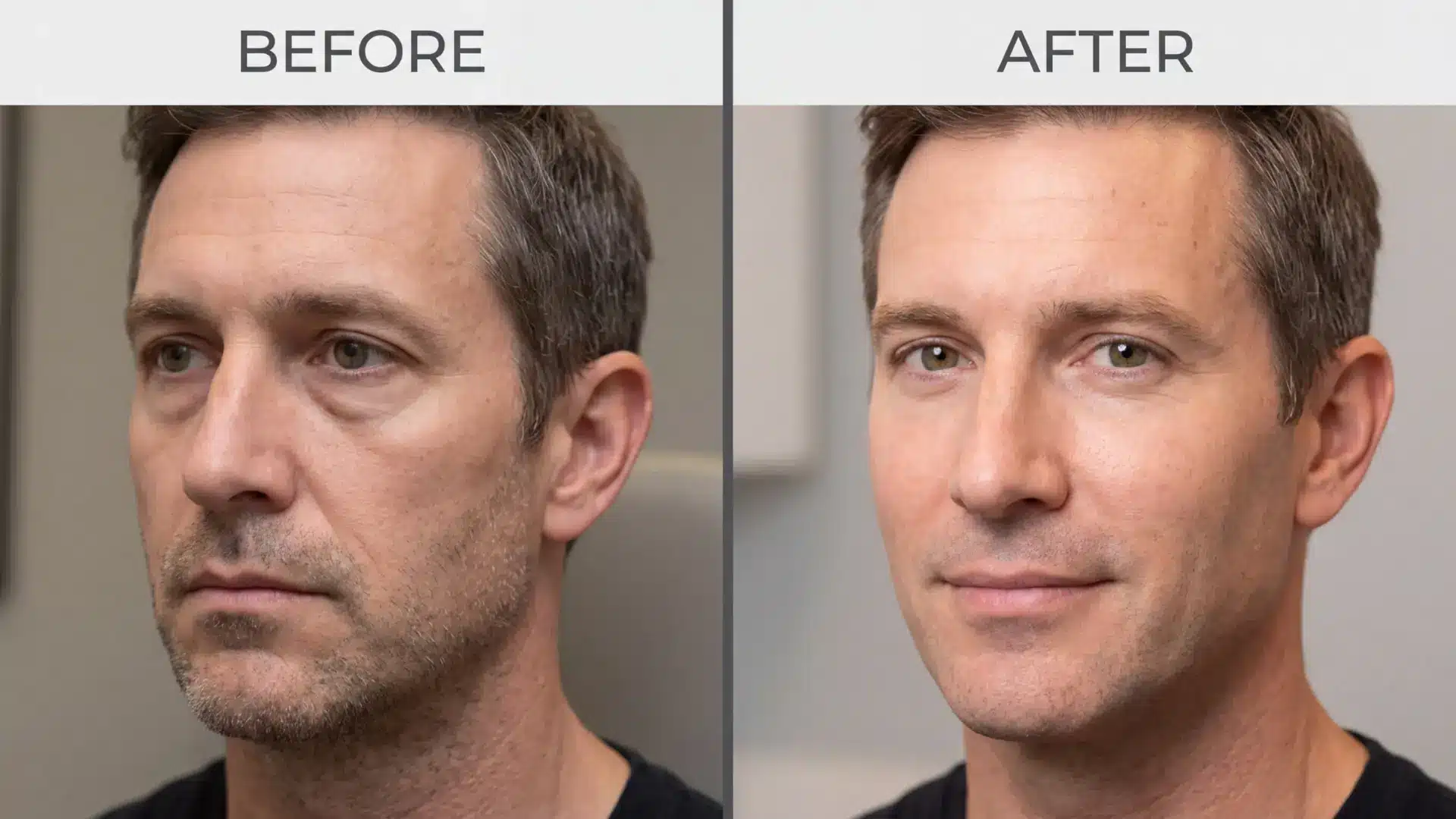 Before and after comparison of man face showing improved skin texture and even complexion after dermal filler treatment