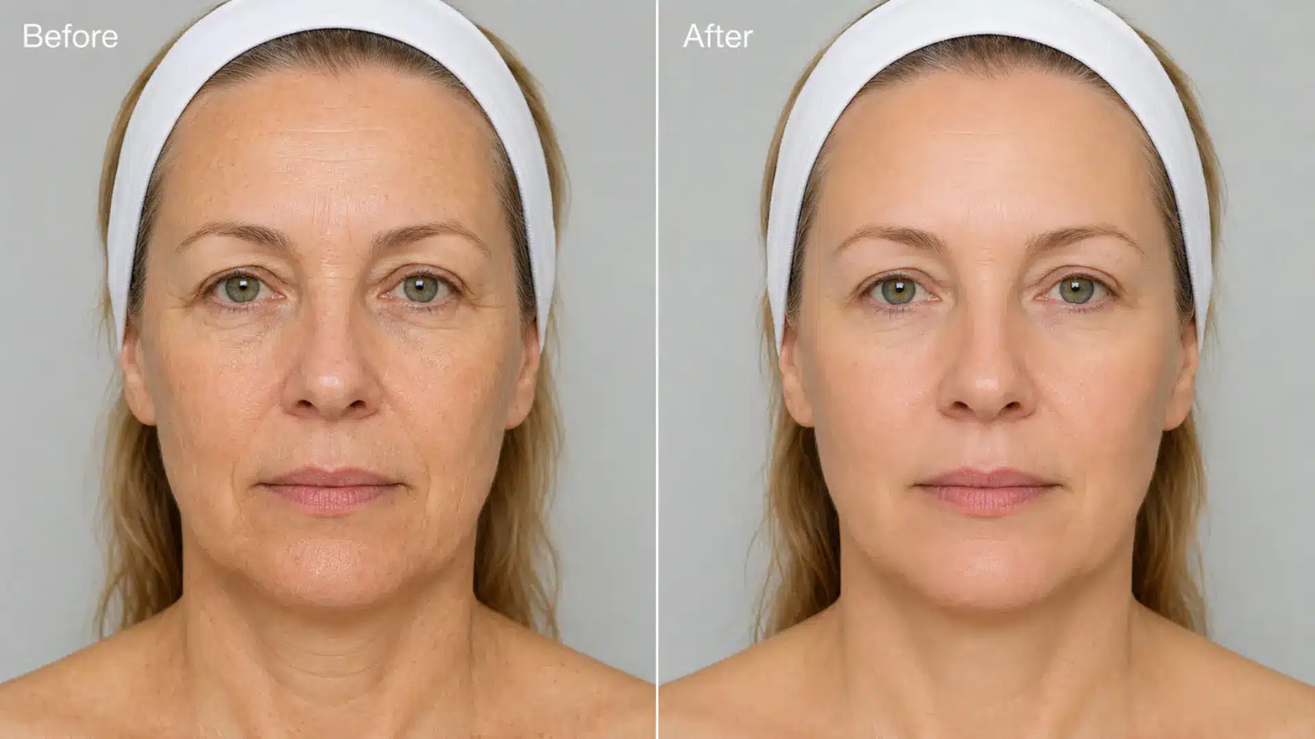 Before and after facial skin rejuvenation portrait showing smoother, firmer skin after treatment