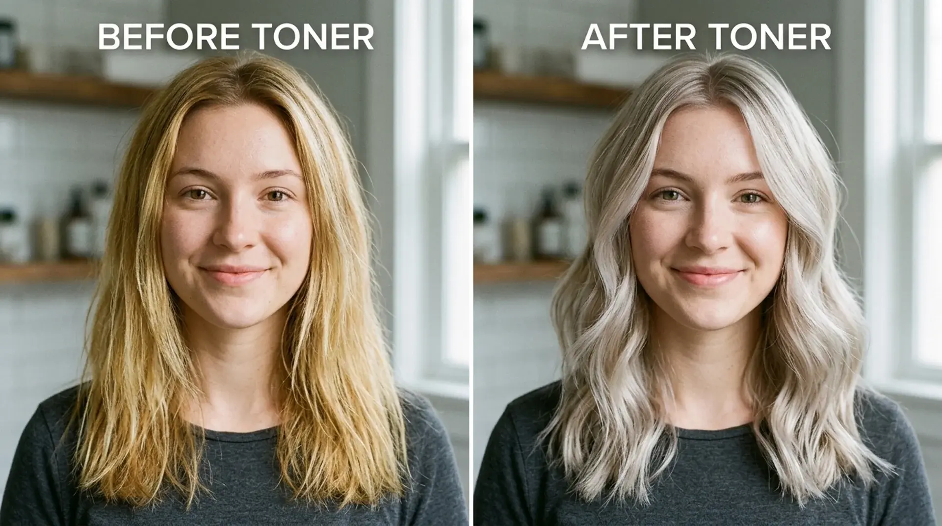 Before and after hair toner showing brassy blonde turning into cool toned ash blonde result