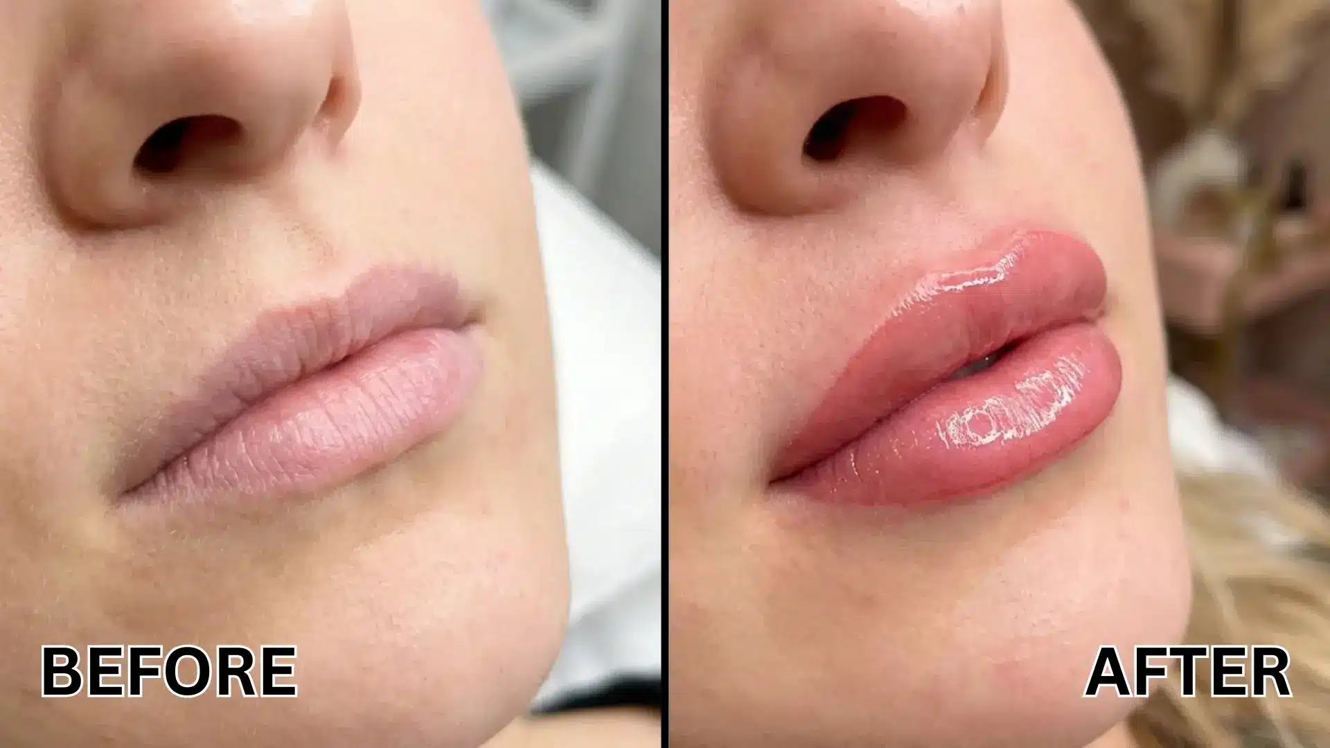 Before and after lip enhancement showing subtle lips before and plumper defined glossy lips after treatment
