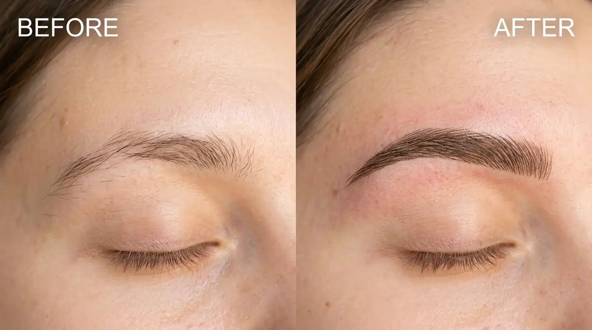 Before and after microblading comparison showing fuller defined eyebrows after treatment