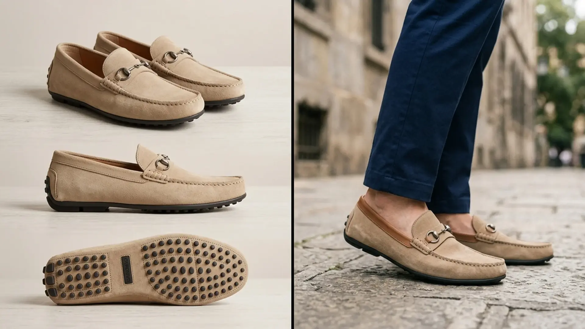 Beige driving loafers with rubber sole details shown close up and worn outdoors relaxed luxury driving shoe