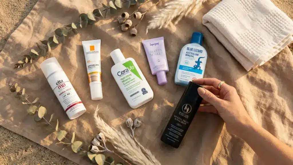 Best mineral sunscreen product flatlay featuring 6 picks on warm beige linen with editorial styling