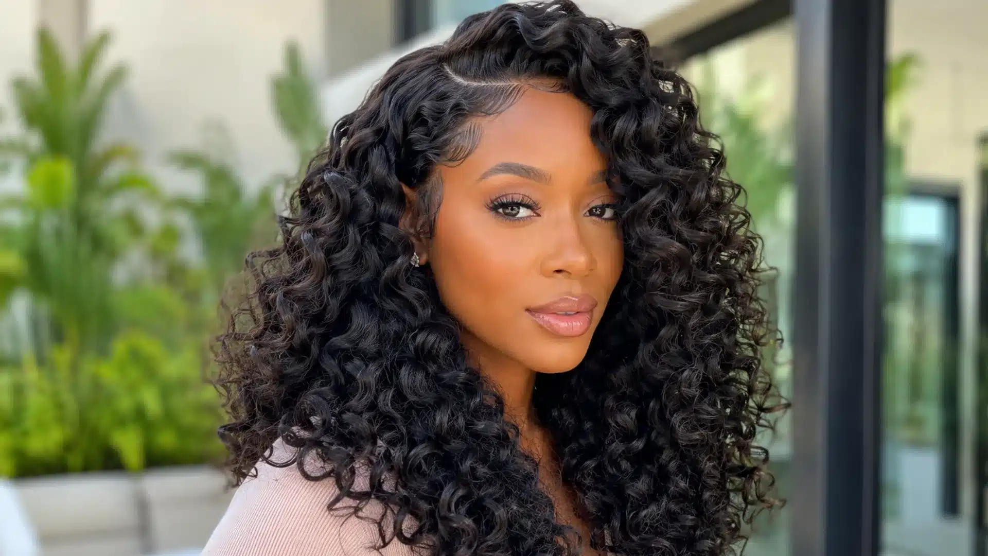 Billowing spiral curls with side part, soft volume, styled baby hairs, and glossy finish