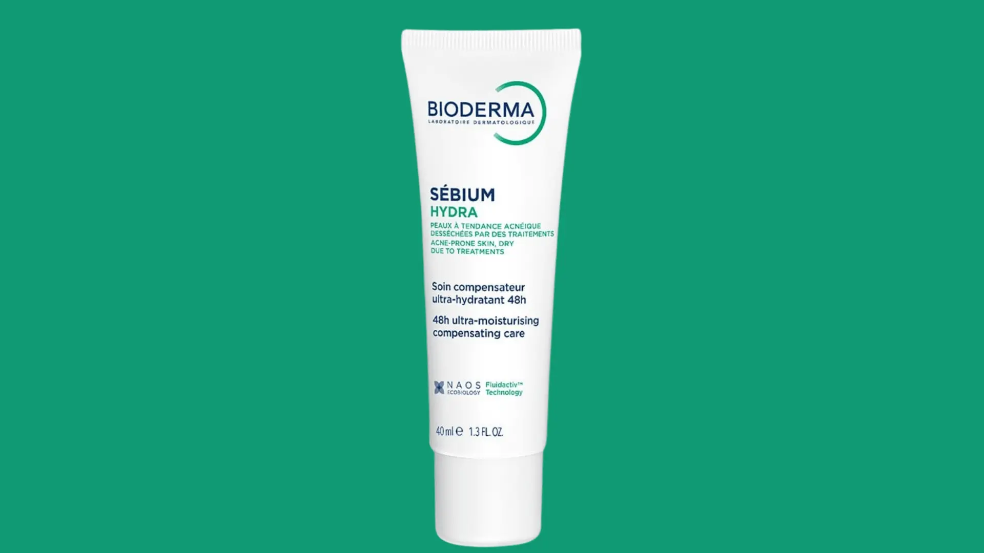 Bioderma Sébium Hydra moisturizing cream tube centered on a vibrant green background
