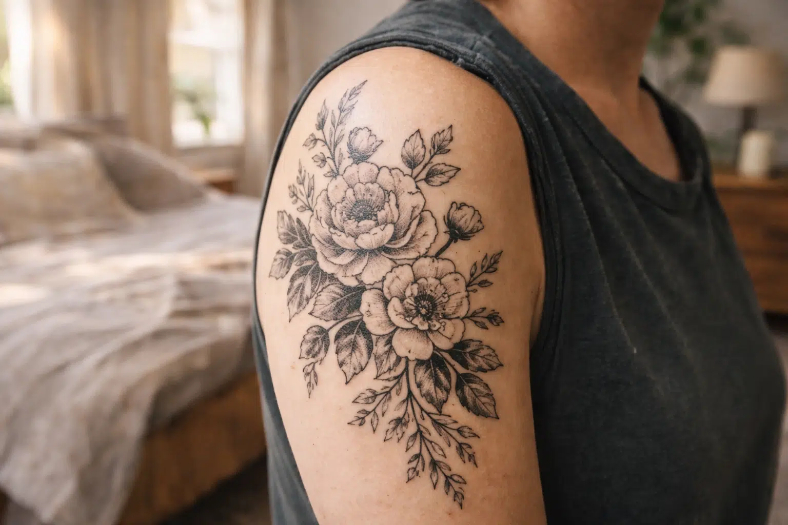Black and grey floral shoulder tattoo featuring detailed roses and leaves on upper arm