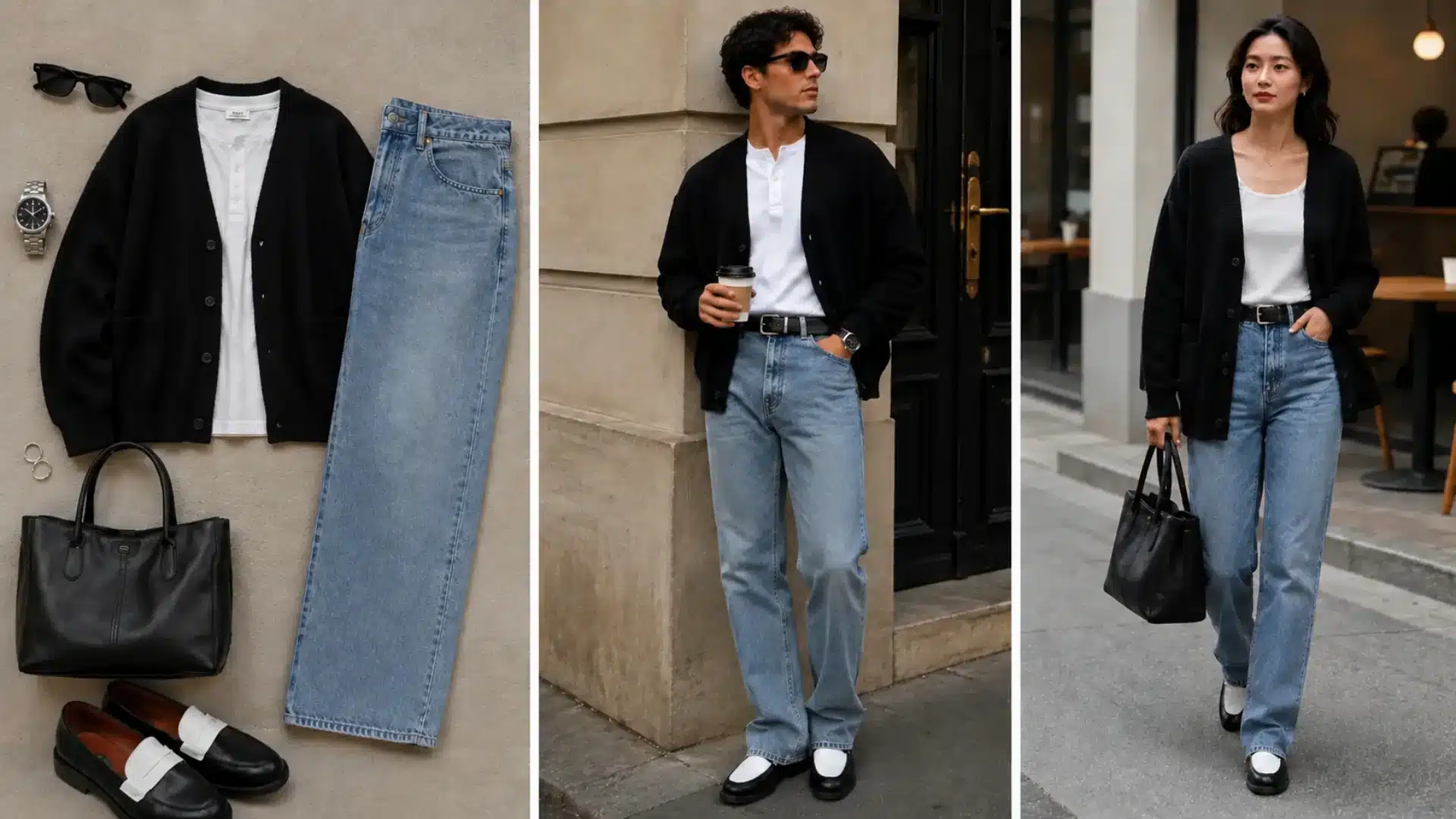 Black cardigan outfit collage with white henley, light wash jeans, loafers, and street style looks