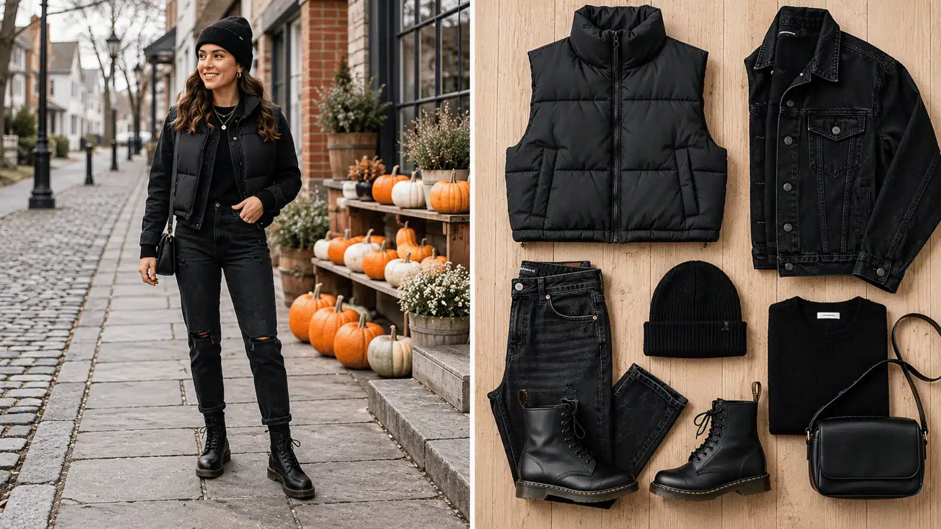 Black denim with cropped puffer vest outfit
