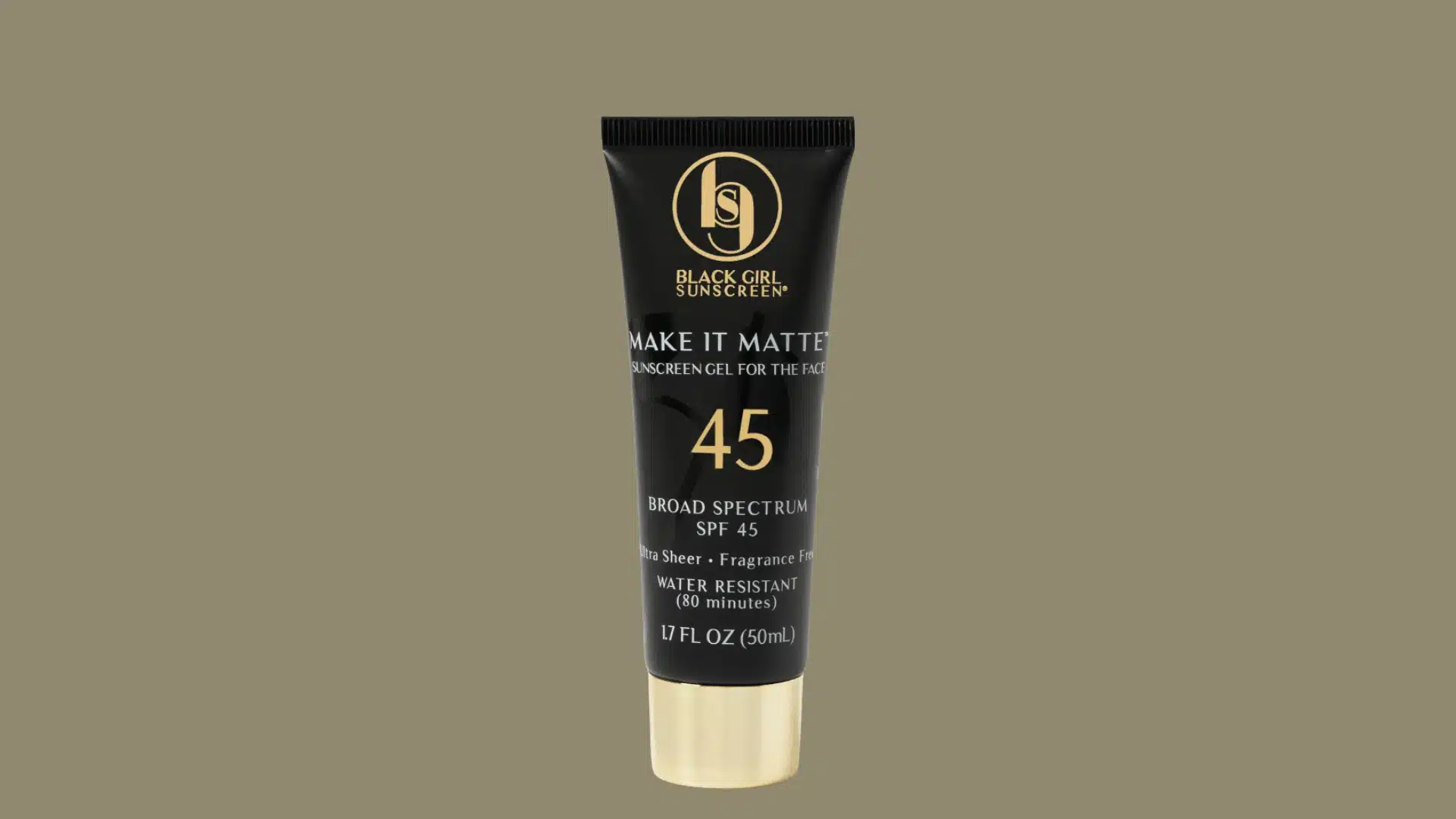 Black Girl Sunscreen Make It Matte SPF 45 tube on a taupe background.
