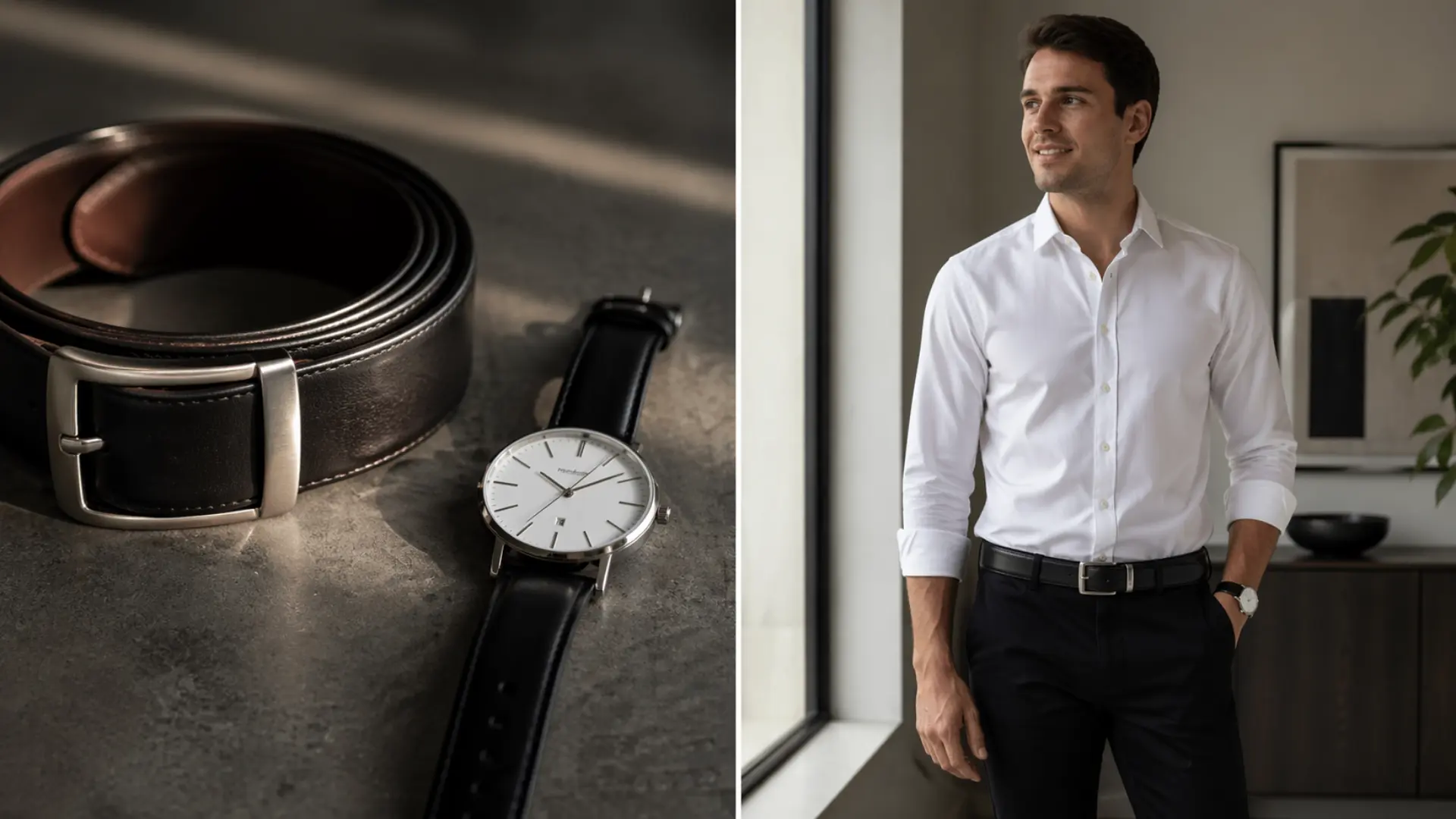 Black leather belt and watch beside man in white shirt styled in clean, modern indoor setting