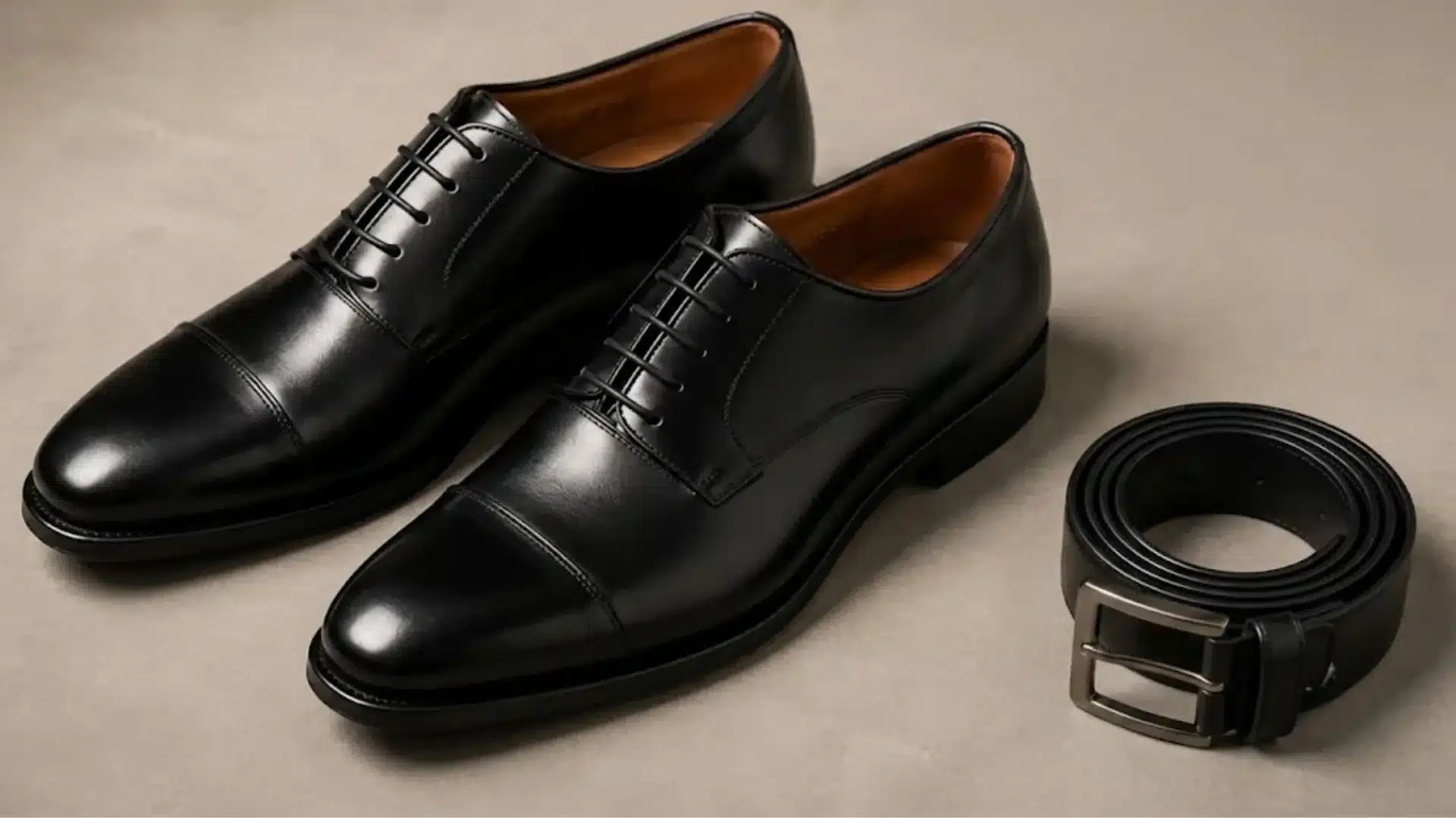 Black leather Oxford shoes with a matching black belt on a neutral background