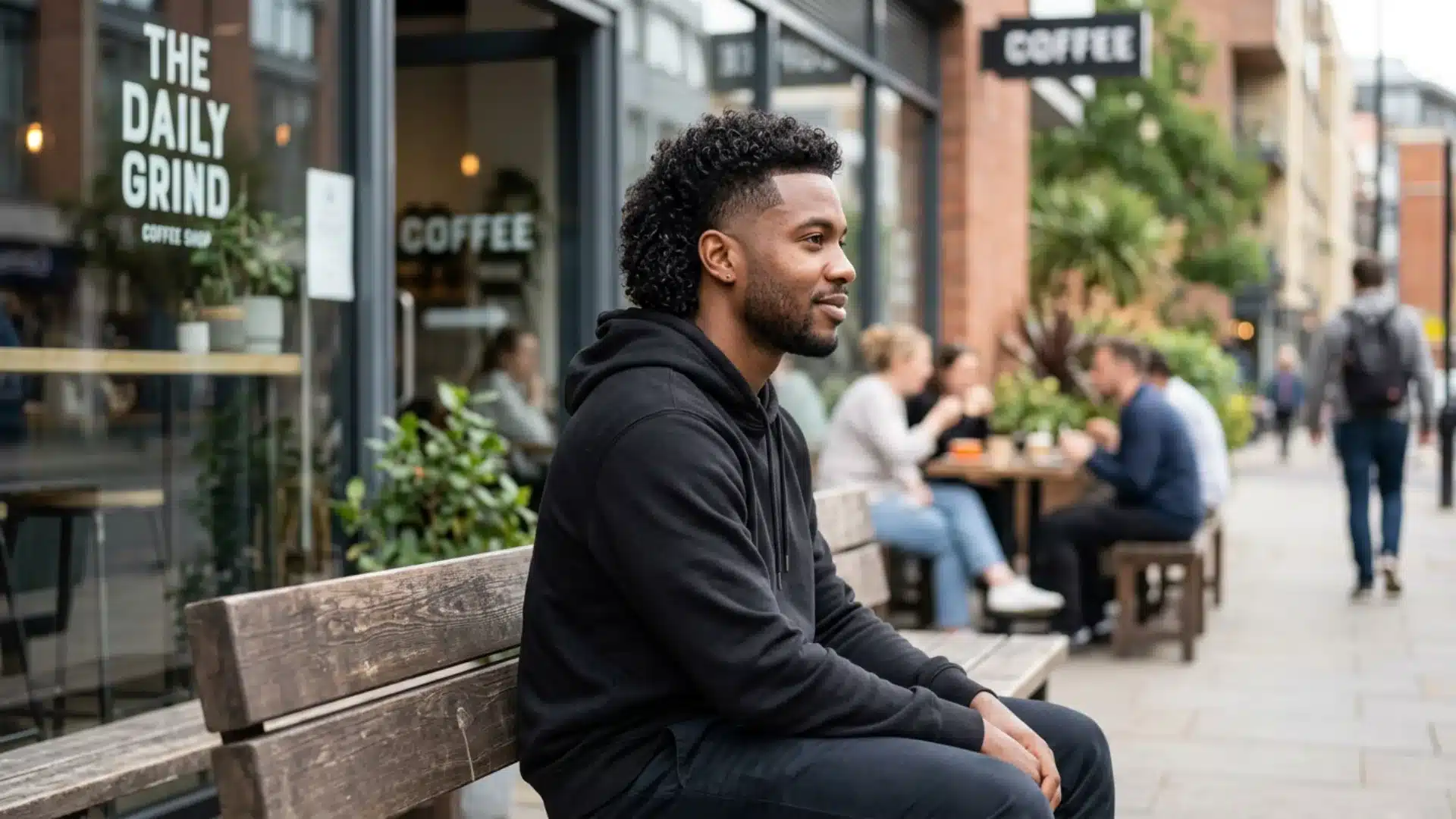 Black man with curly mullet fade hairstyle wearing black hoodie outside modern coffee shop