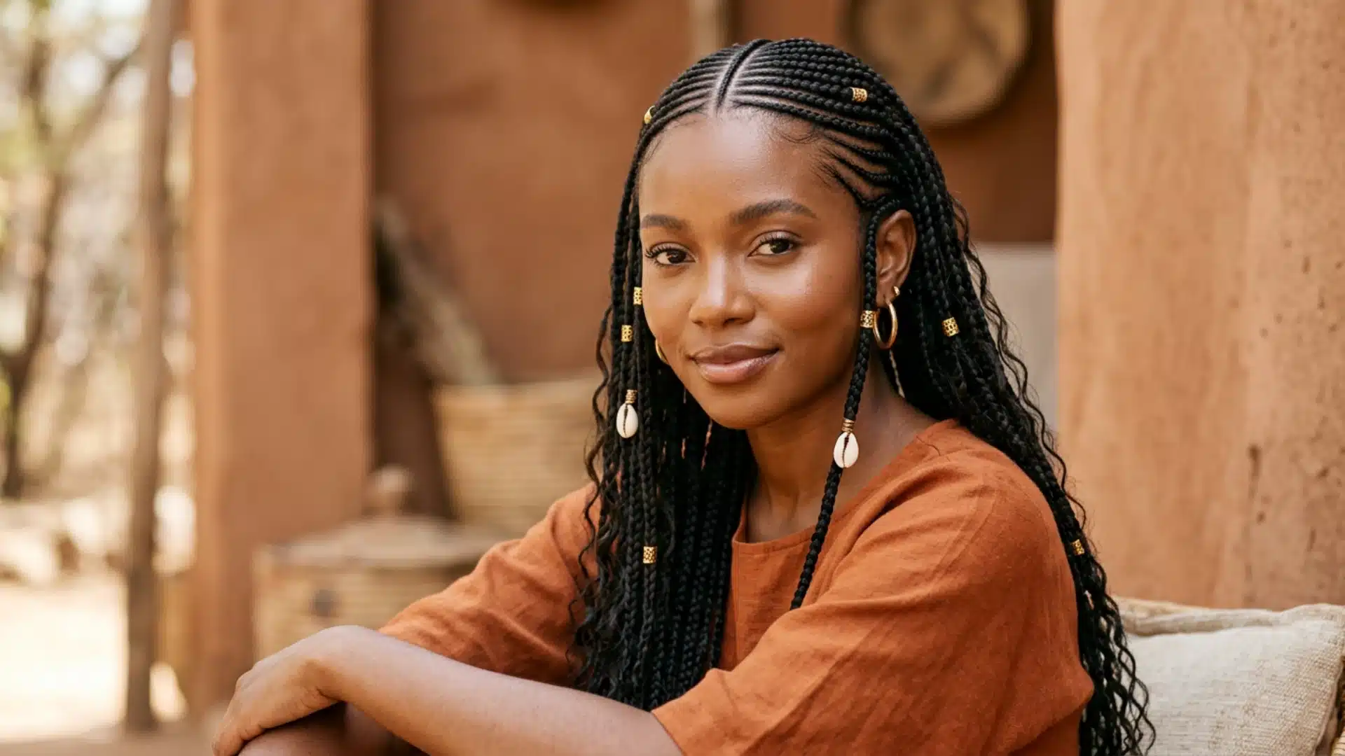 Black woman wearing Fulani braids with gold beads and cowrie shells and a center part cornrow