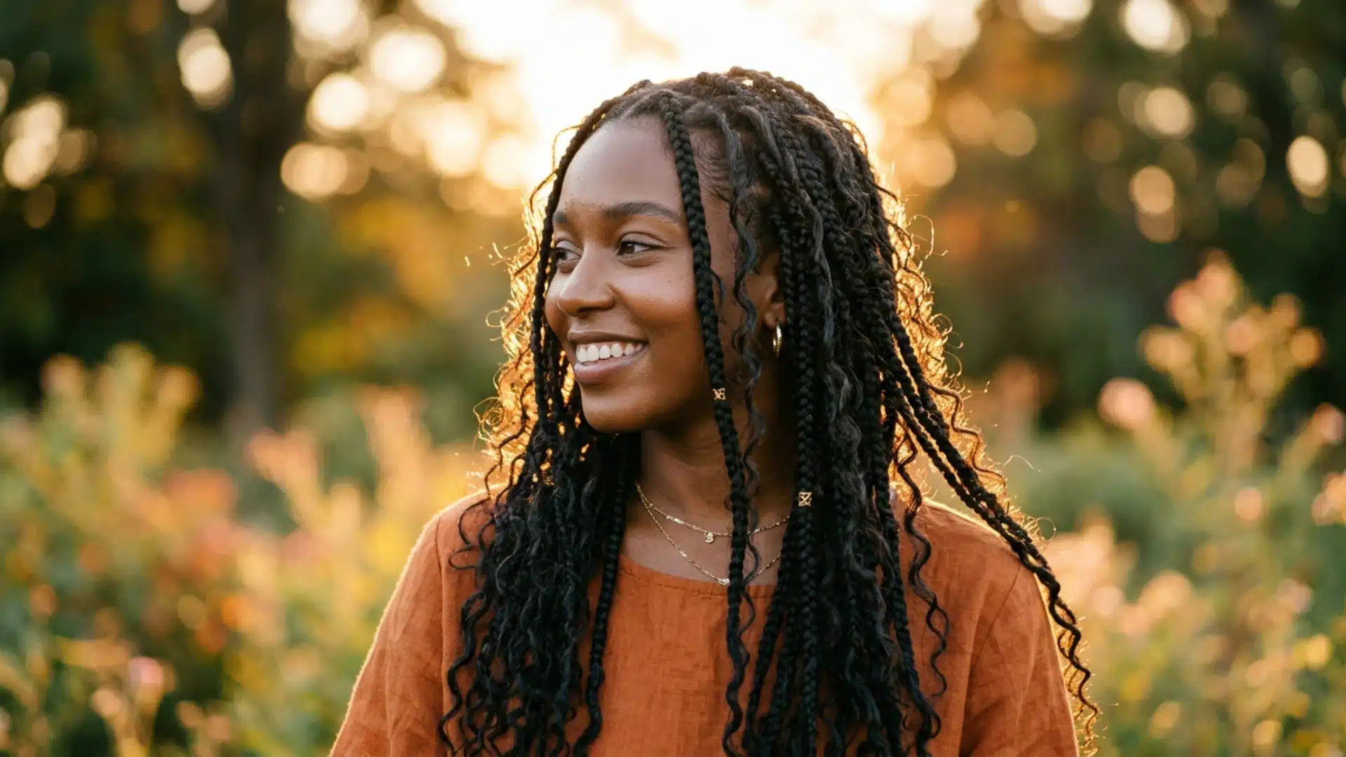Black woman with boho braids worn loose showing intentional curly frizzy pieces throughout