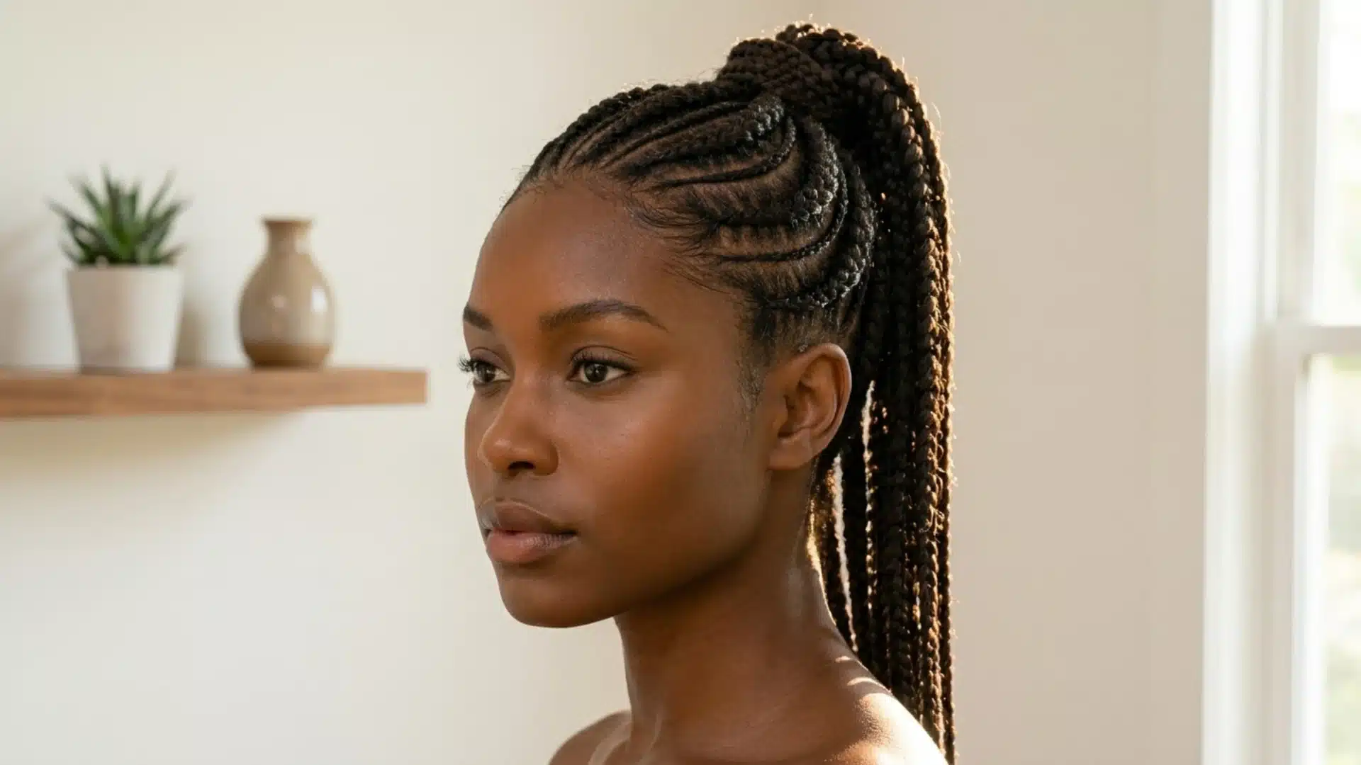 Black woman with Ghana braids in a high ponytail showing the tapered scalp braid structure