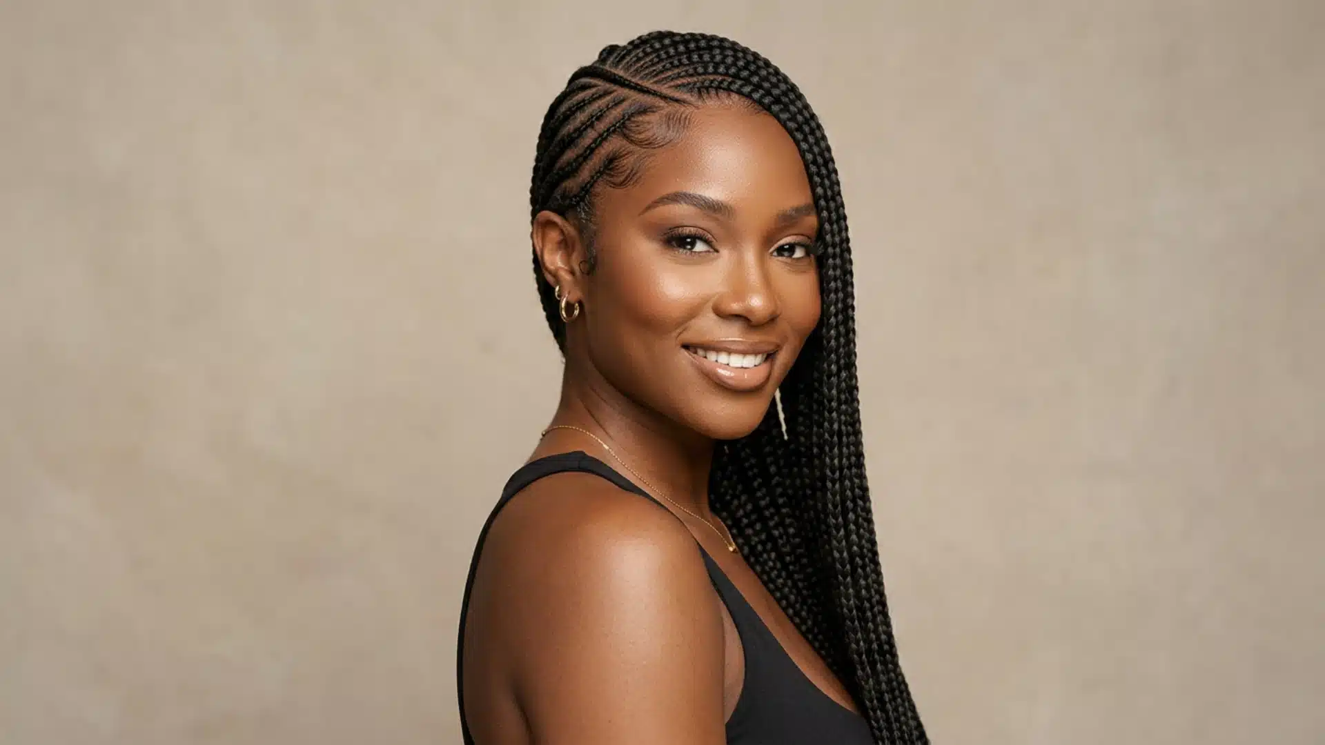 Black woman with lemonade braids sweeping to the side with sleek laid edges