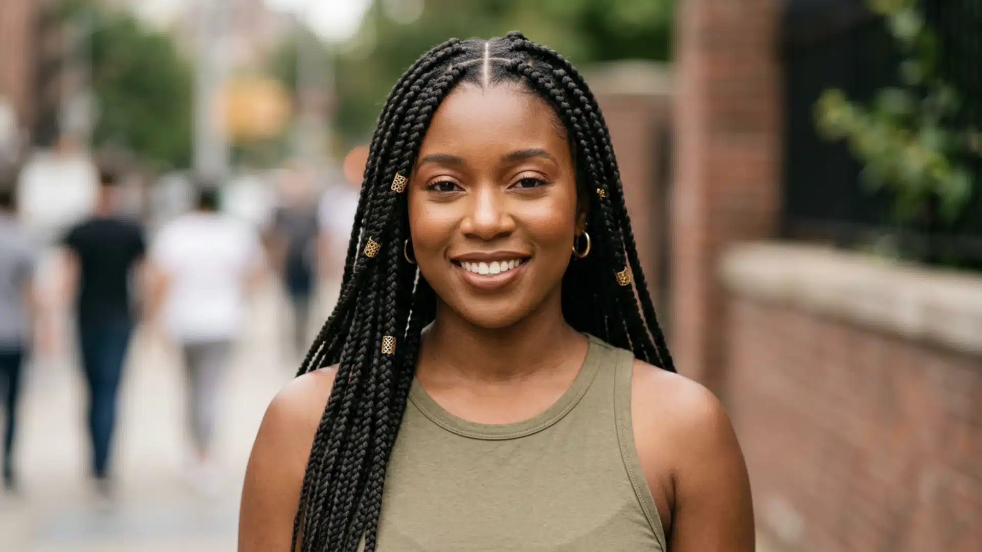Black woman with medium classic box braids worn loose with gold cuffs showing square parting