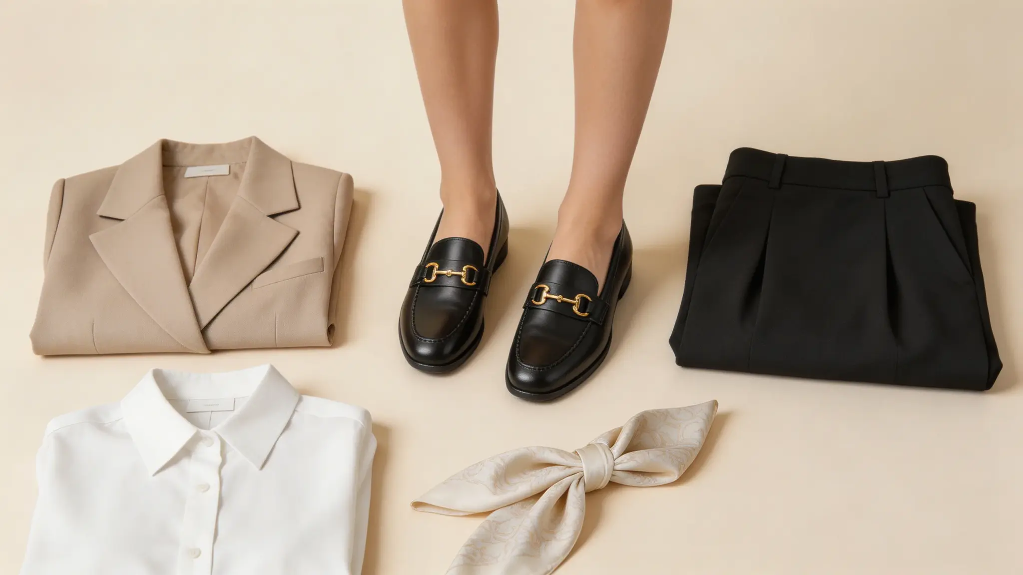 Black loafers surrounded by folded blazer trousers shirt and scarf