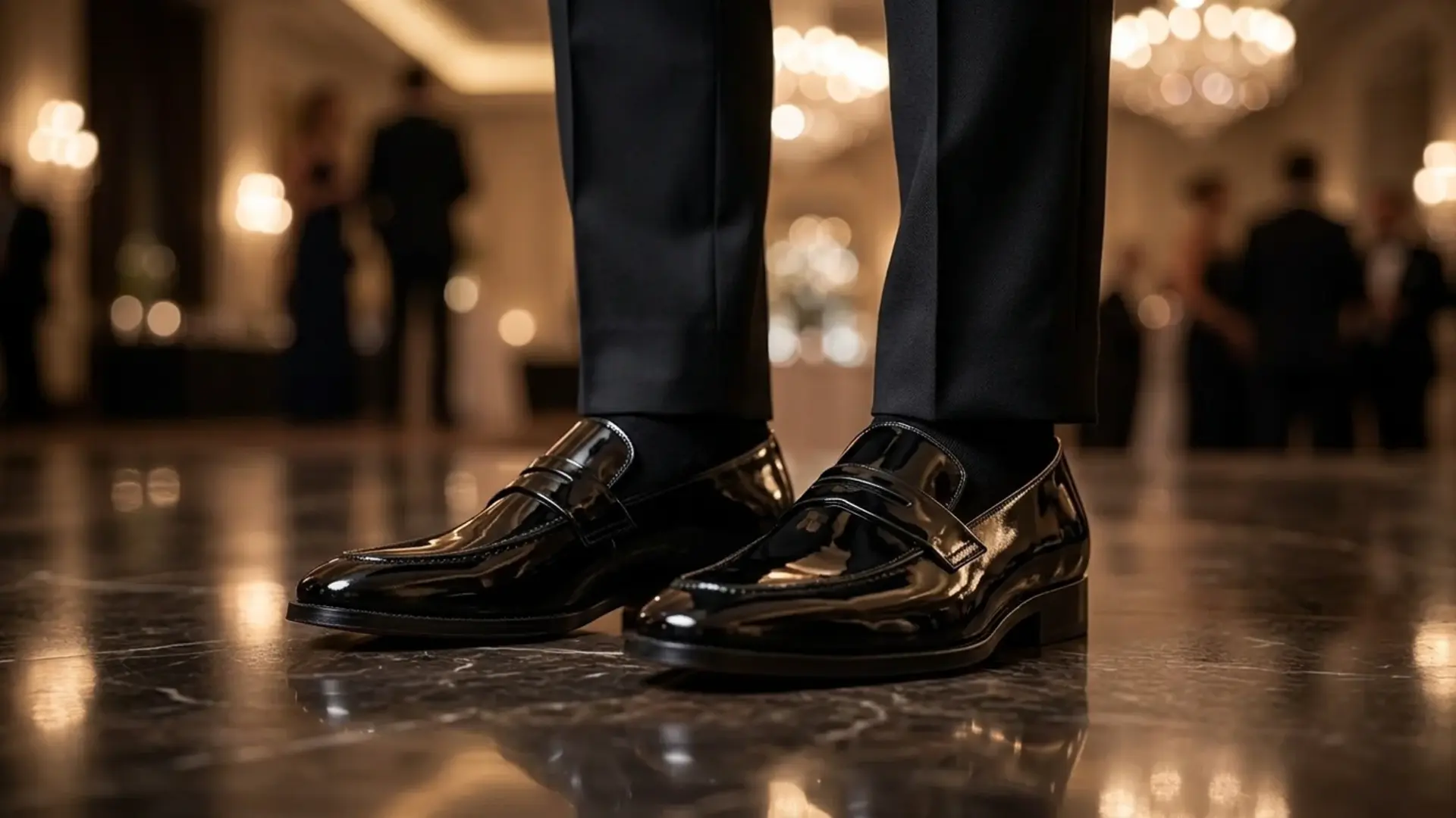 Black patent leather loafers with suit in formal evening setting glossy elegant mens dress shoe look