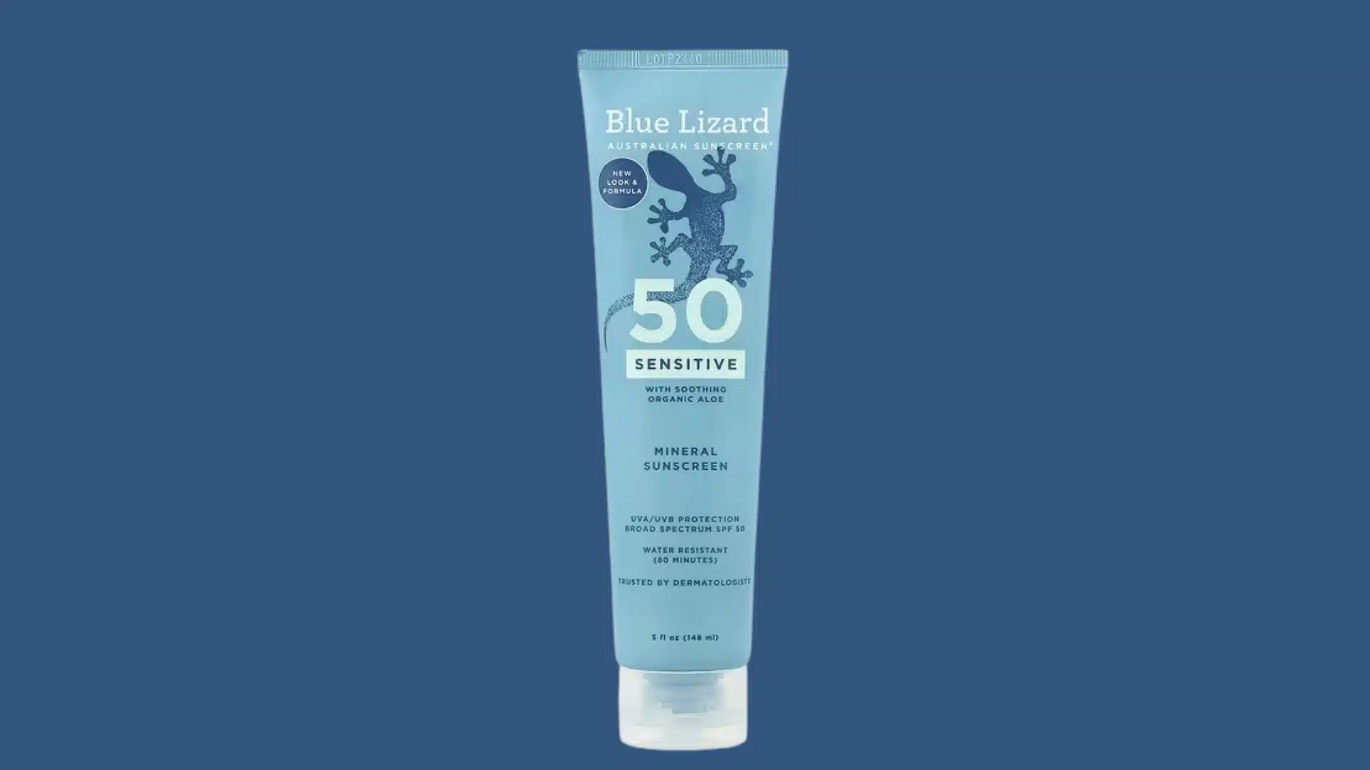 Blue Lizard Sensitive SPF 50 mineral sunscreen tube on a blue background.