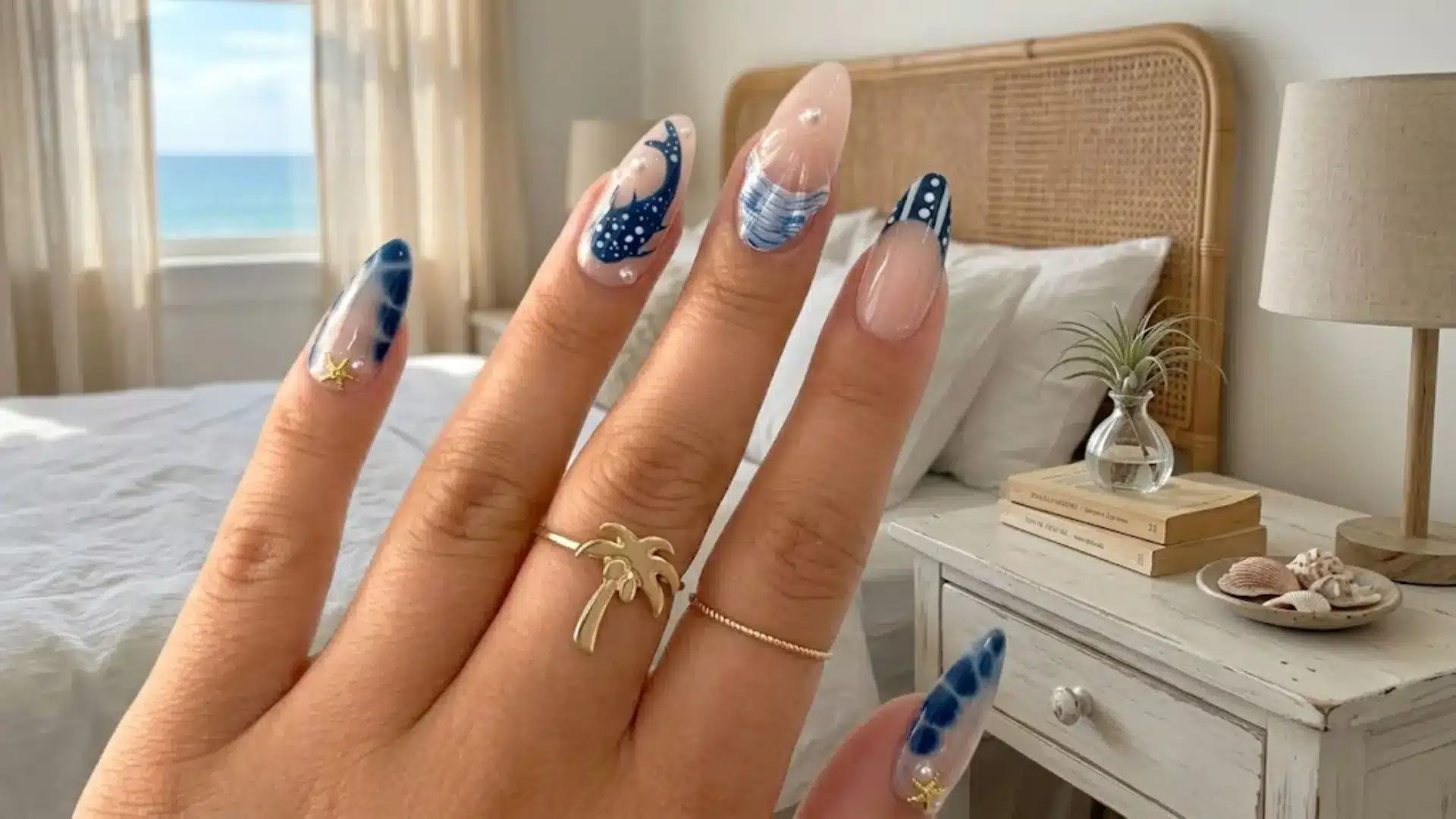 Blue ocean wave nail art with pearl accents in beach bedroom, summer coastal manicure inspiration with palm ring