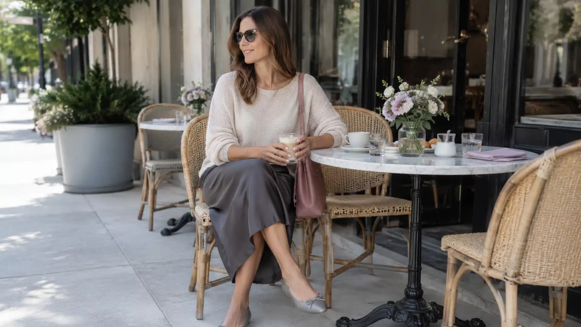 Blush ivory brunch outfit with charcoal skirt