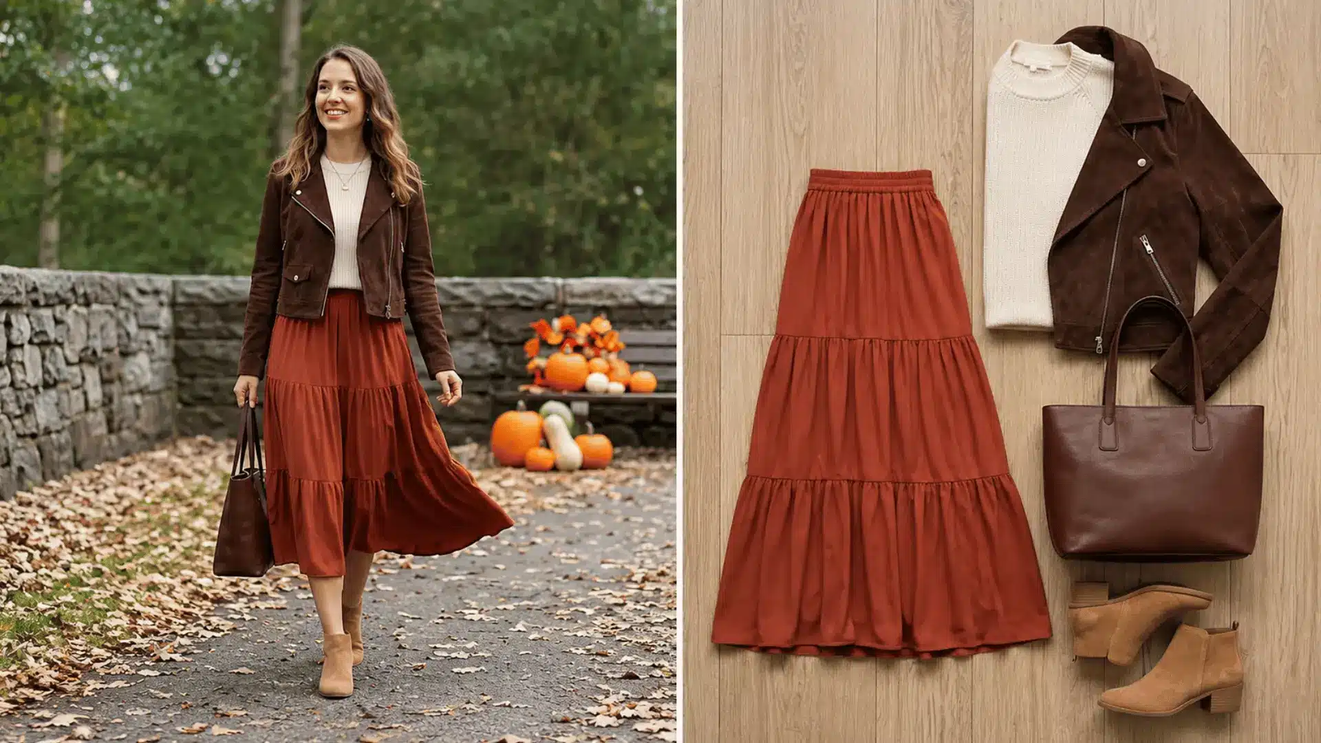 Boho tiered skirt with suede jacket outfit