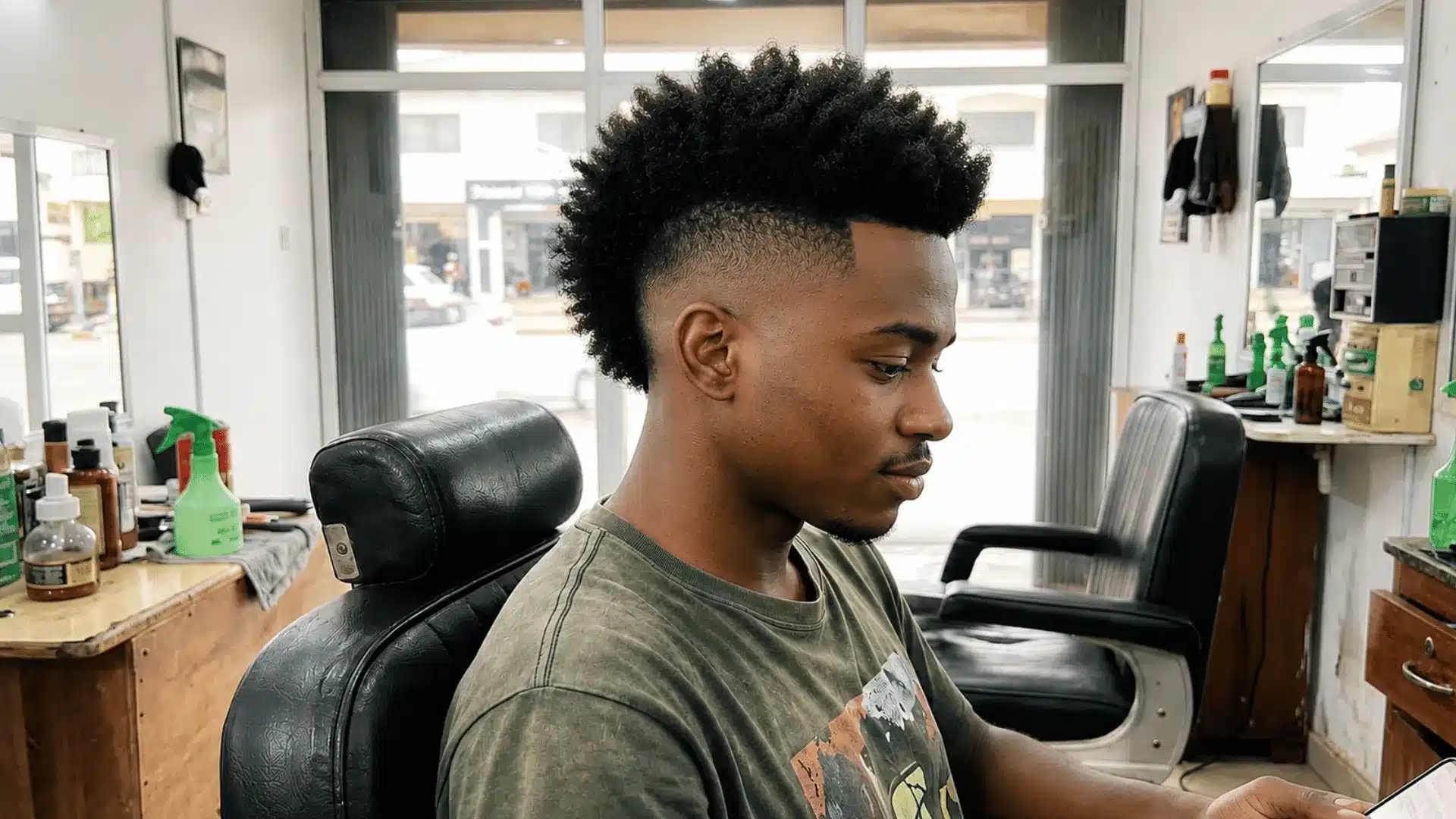 Bold afro mohawk fade with thick volume