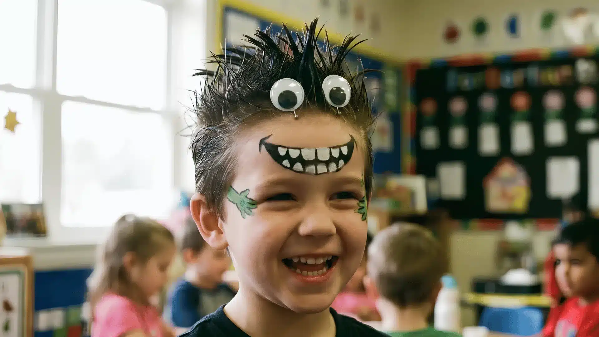 Boy with monster face paint and googly eyes on spiked hair in classroom