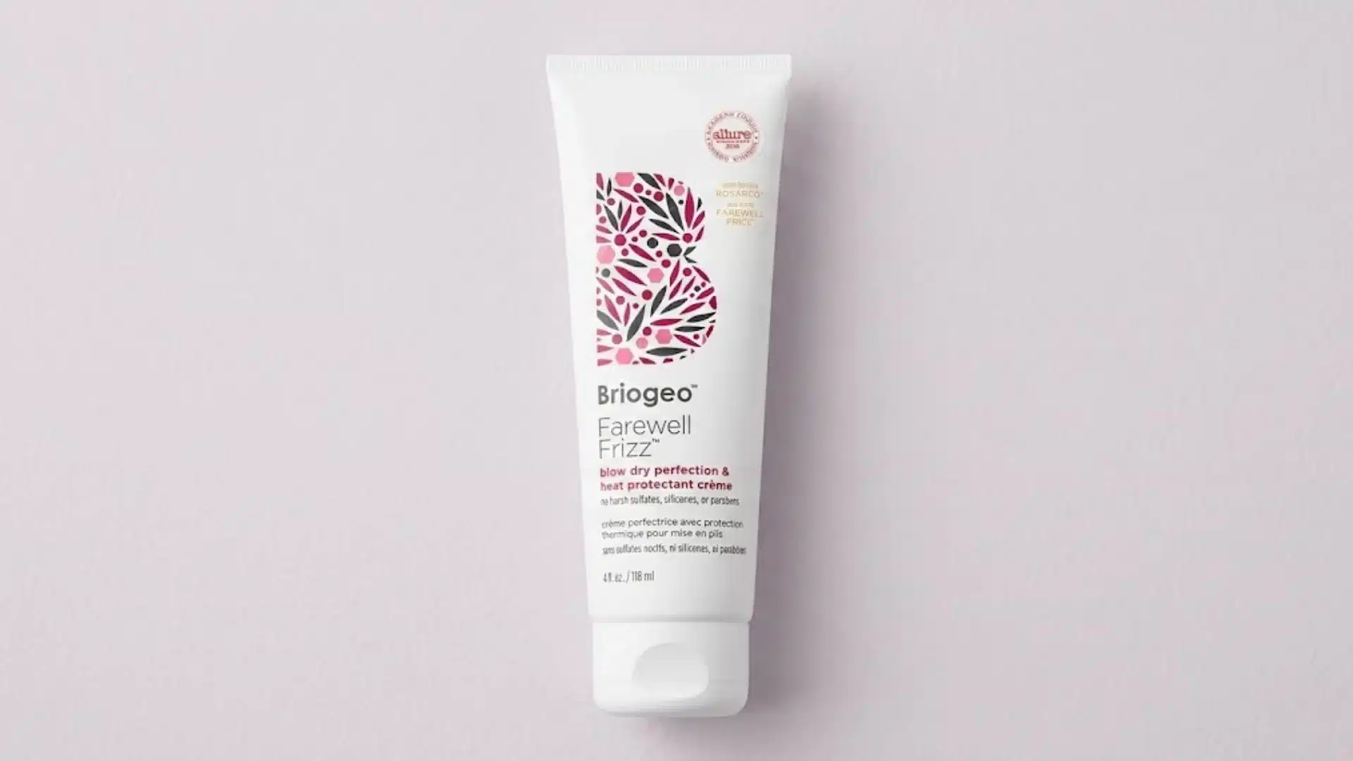 Briogeo Farewell Frizz heat protectant cream tube on a soft lavender background with minimal styling