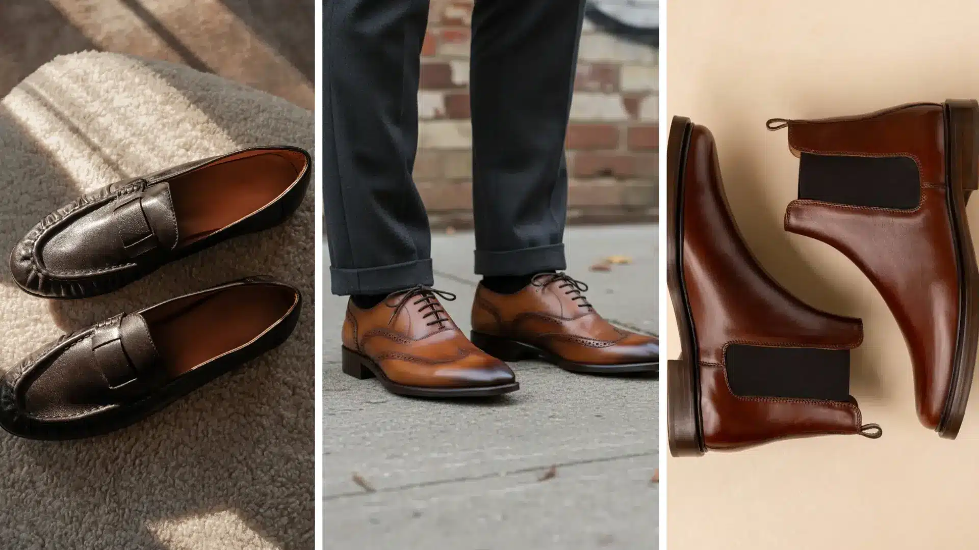 Brown leather loafers, Oxford shoes, and Chelsea boots styled for polished church outfits