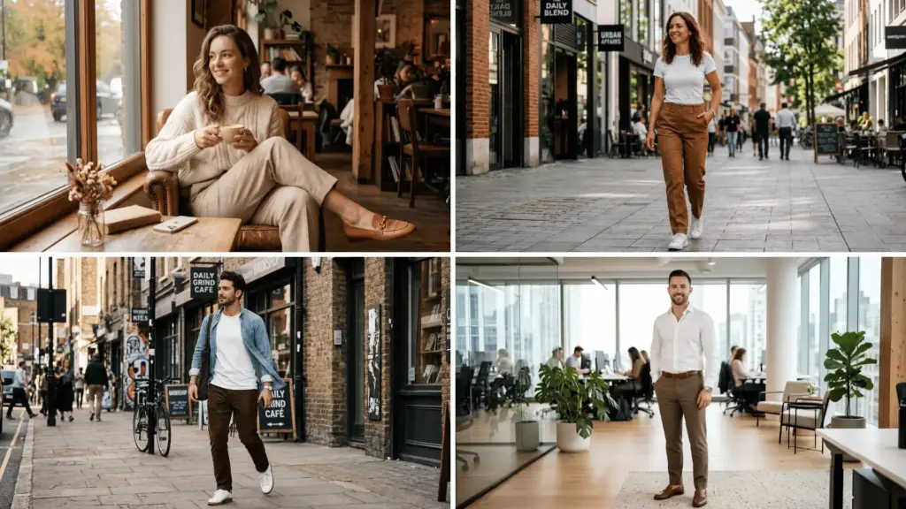 Brown pants styled for café days, city walks, and polished office looks