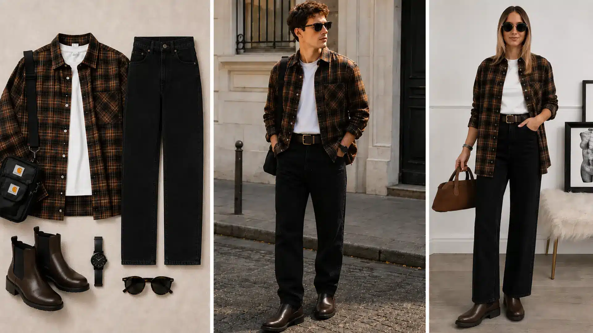 Brown plaid overshirt with black straight jeans, boots and accessories styled on male and female models