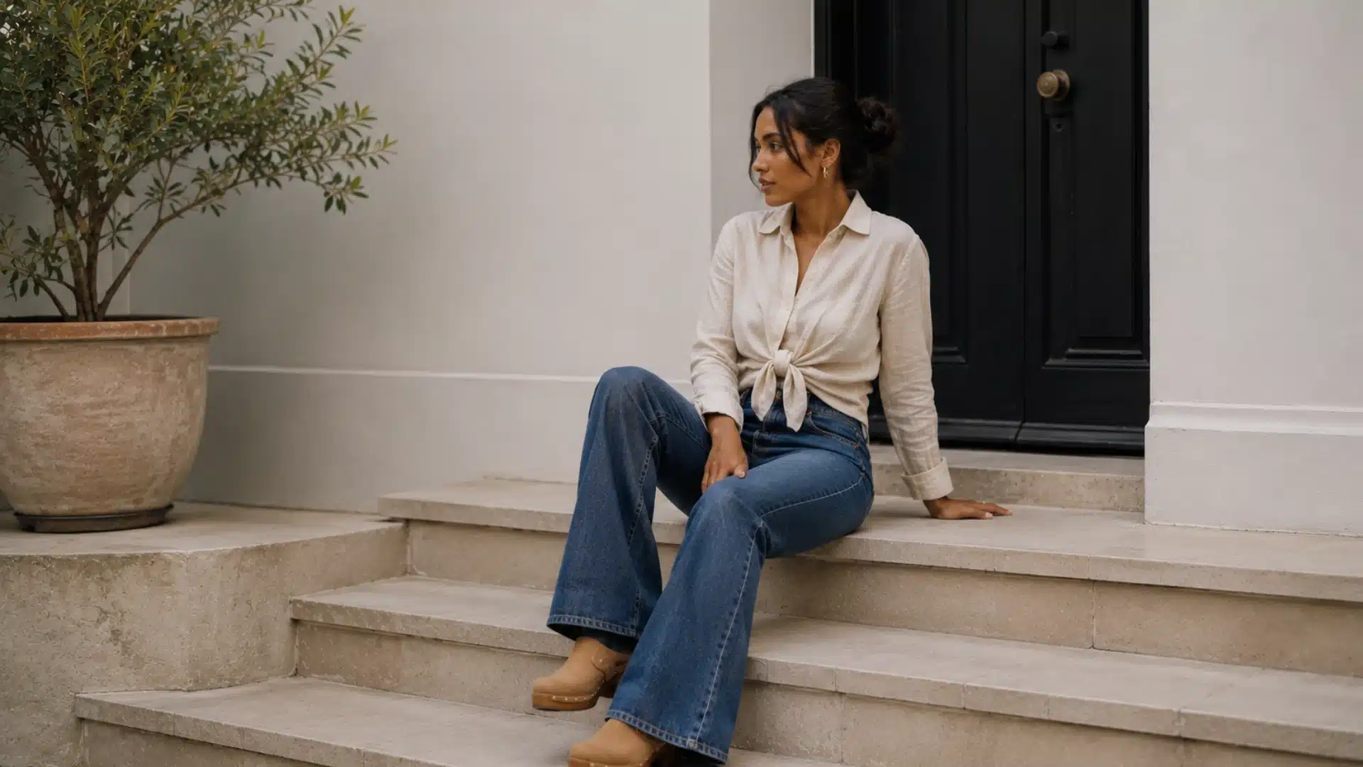 Brown woman in flare jeans and linen shirt sitting on home stairs in a calm minimal setting