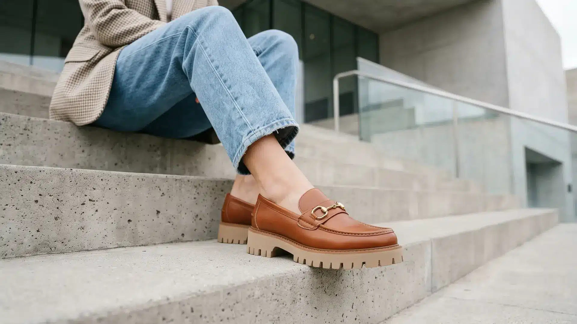 Brown lug sole loafers worn with jeans on concrete steps modern chunky sole casual street style footwear