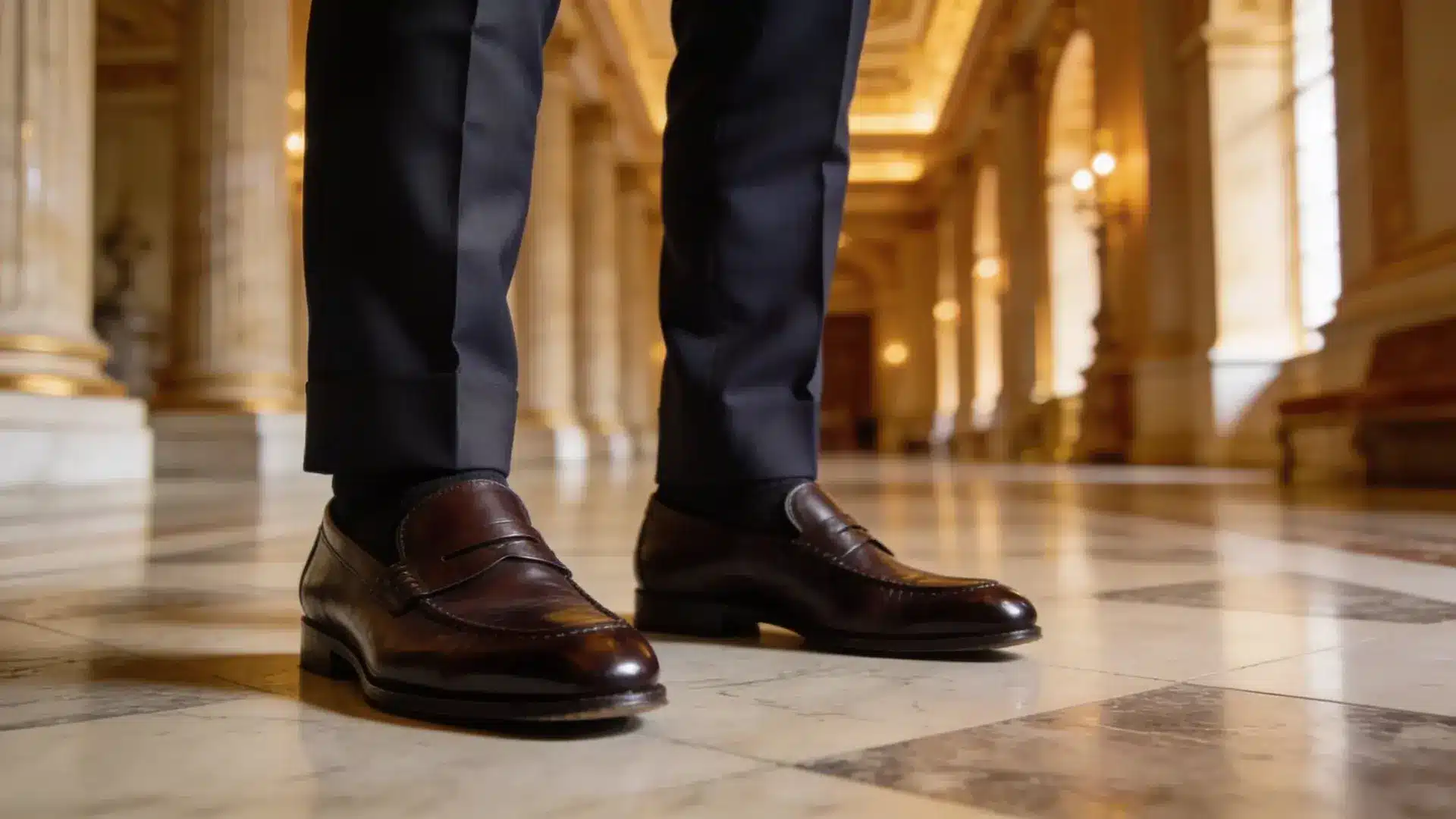 Brown penny loafers with tailored navy trousers in elegant indoor hall classic formal mens footwear style