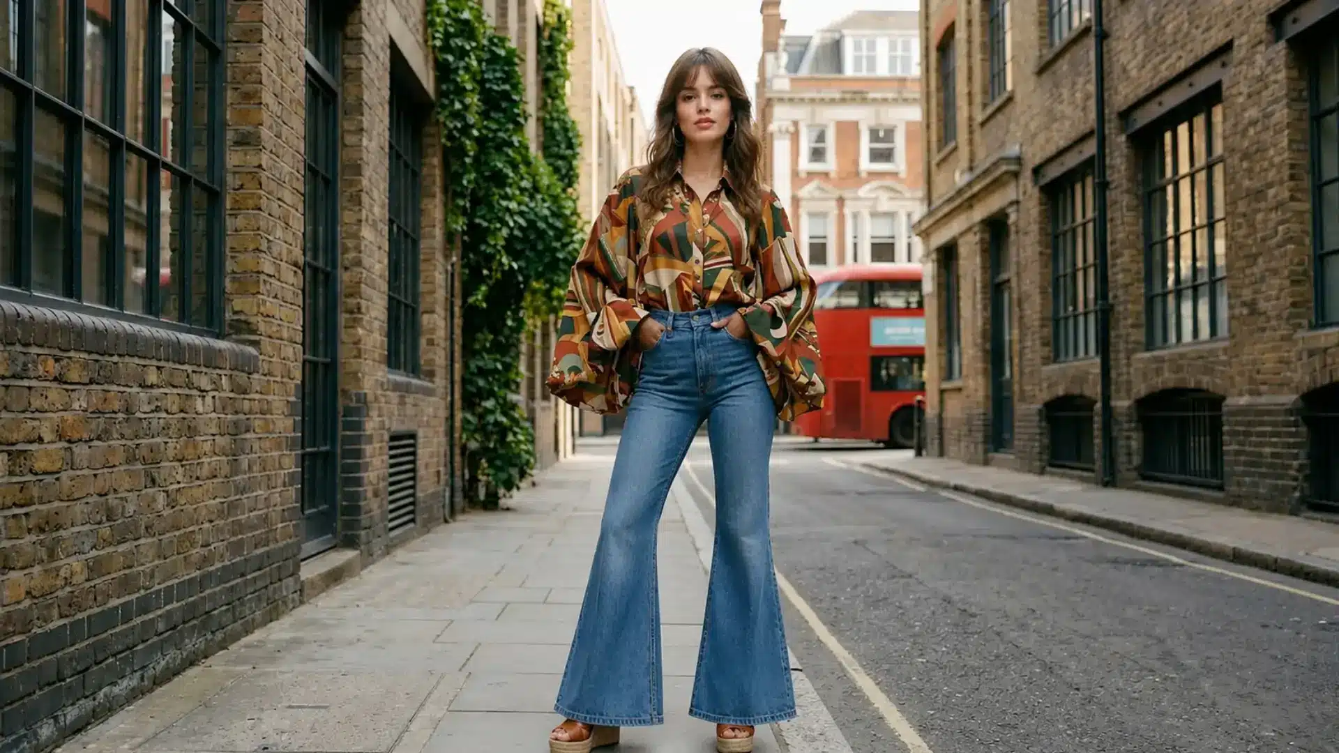 Brunette woman in flare jeans and patterned blouse standing on a stylish urban street