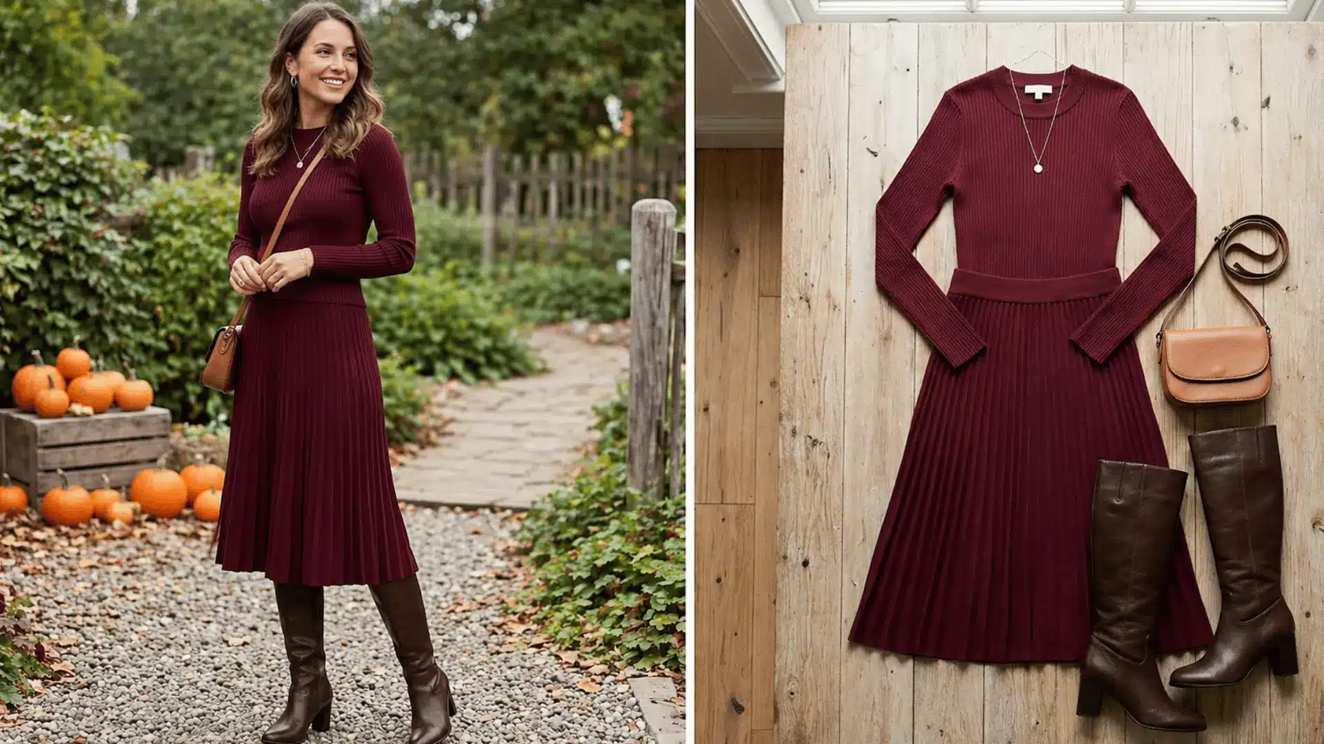 Burgundy midi skirt with tall boots outfit