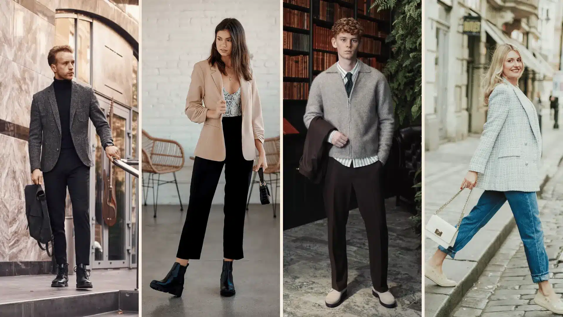 Business casual outfit ideas featuring tailored blazers, trousers, skirts, and clean, professional everyday fashion styles