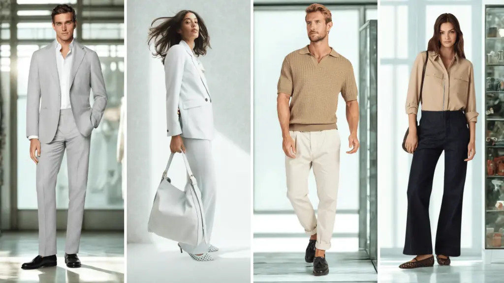 Business vs smart casual outfits showing men and women in suits, blazers, polos, and tailored pants in neutral tones