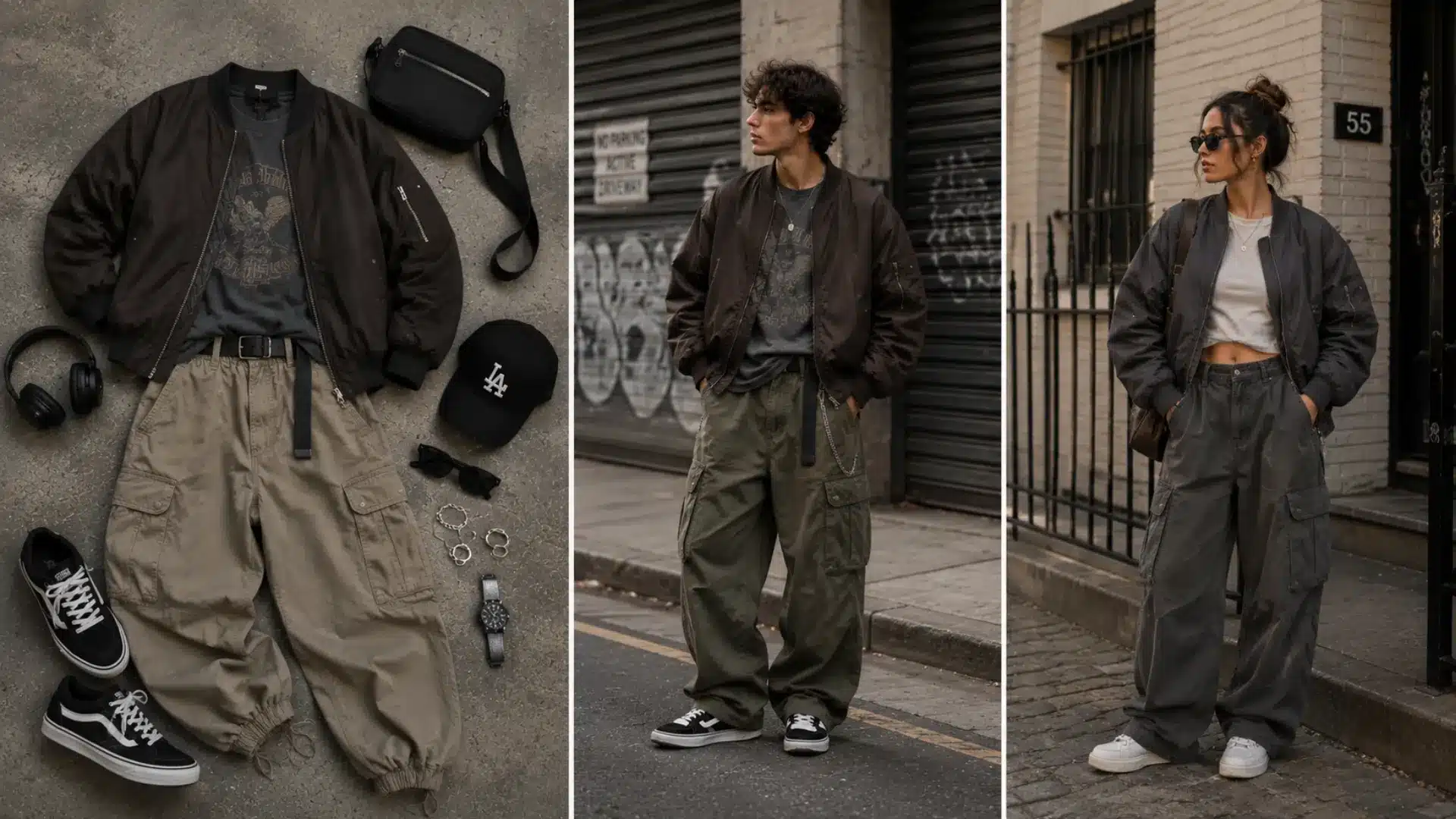 Cargo pants outfit with graphic tee and bomber jacket, styled with sneakers, cap, and streetwear accessories
