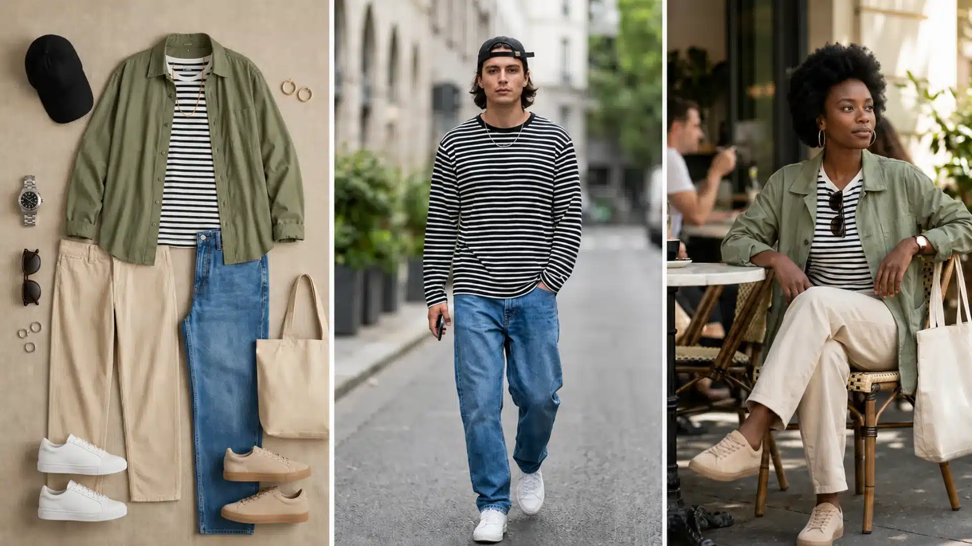 Casual striped shirt outfit collage with green overshirt, denim, beige pants, sneakers, and tote