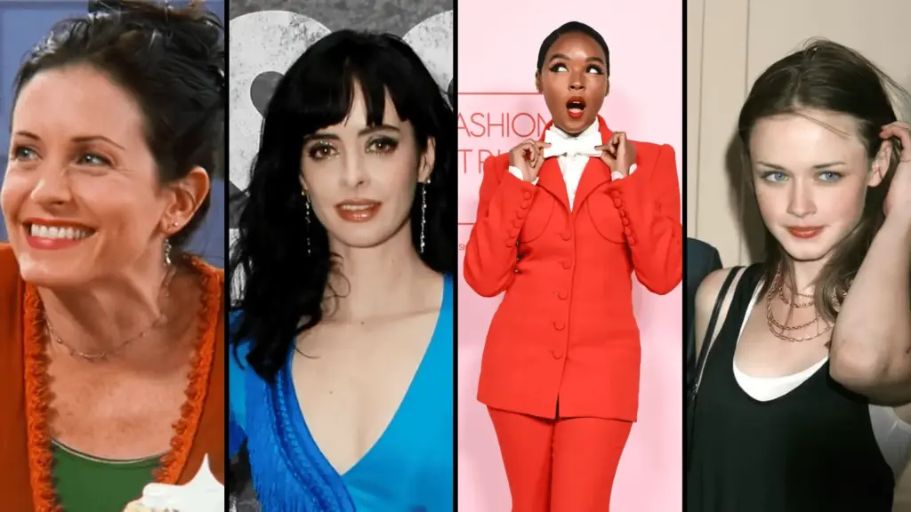 Celebrities in bold cool toned outfits showing true winter color palette with high contrast styling