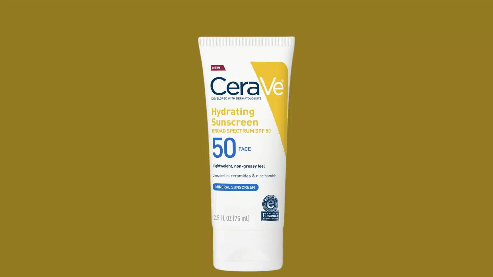 CeraVe Hydrating SPF 50 face sunscreen tube on a mustard background.