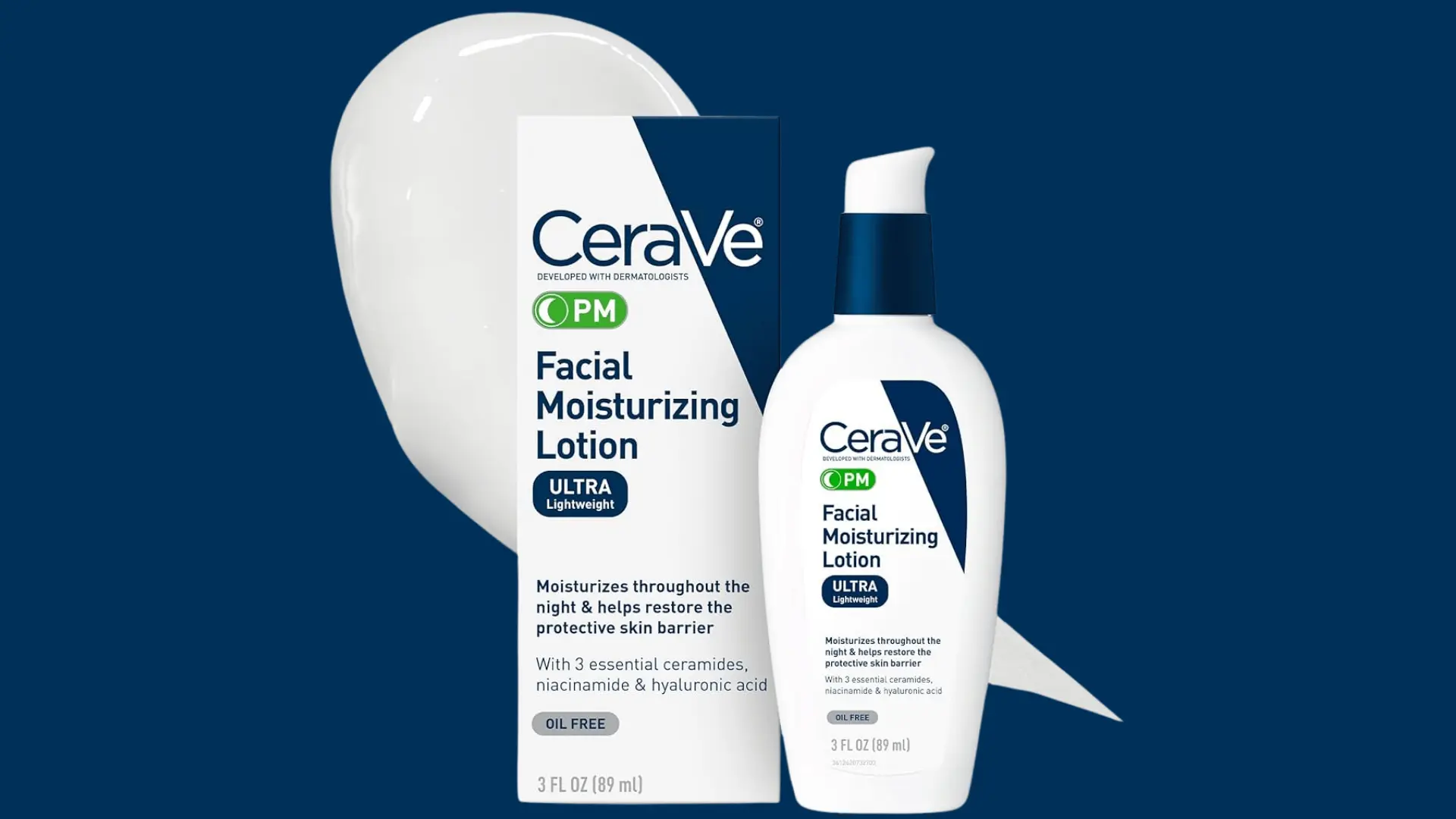 CeraVe PM Facial Moisturizing Lotion bottle and box with a product dollop on dark blue