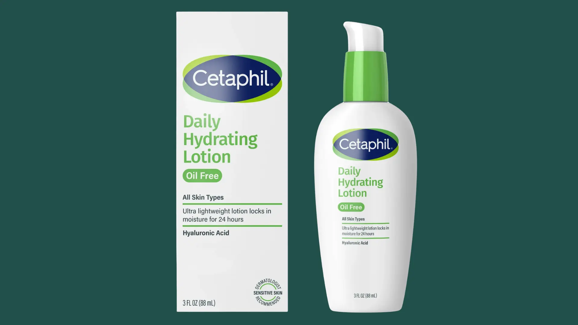 Cetaphil Daily Hydrating Lotion bottle and box against a dark forest green background